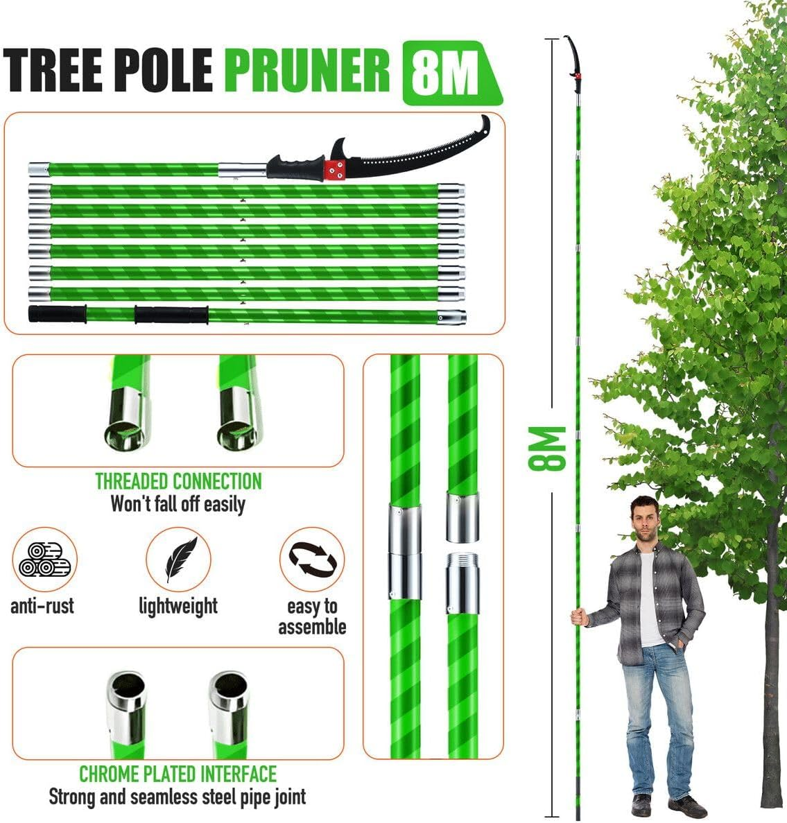 AUSWAY Manual Pole Saw Tree Pruner Extendable Pruning High Branch Trimmer Cutter 8M Trimming Long Handsaw Sharp Steel Blades Shearing Fibreglass Rods Tools image number 3