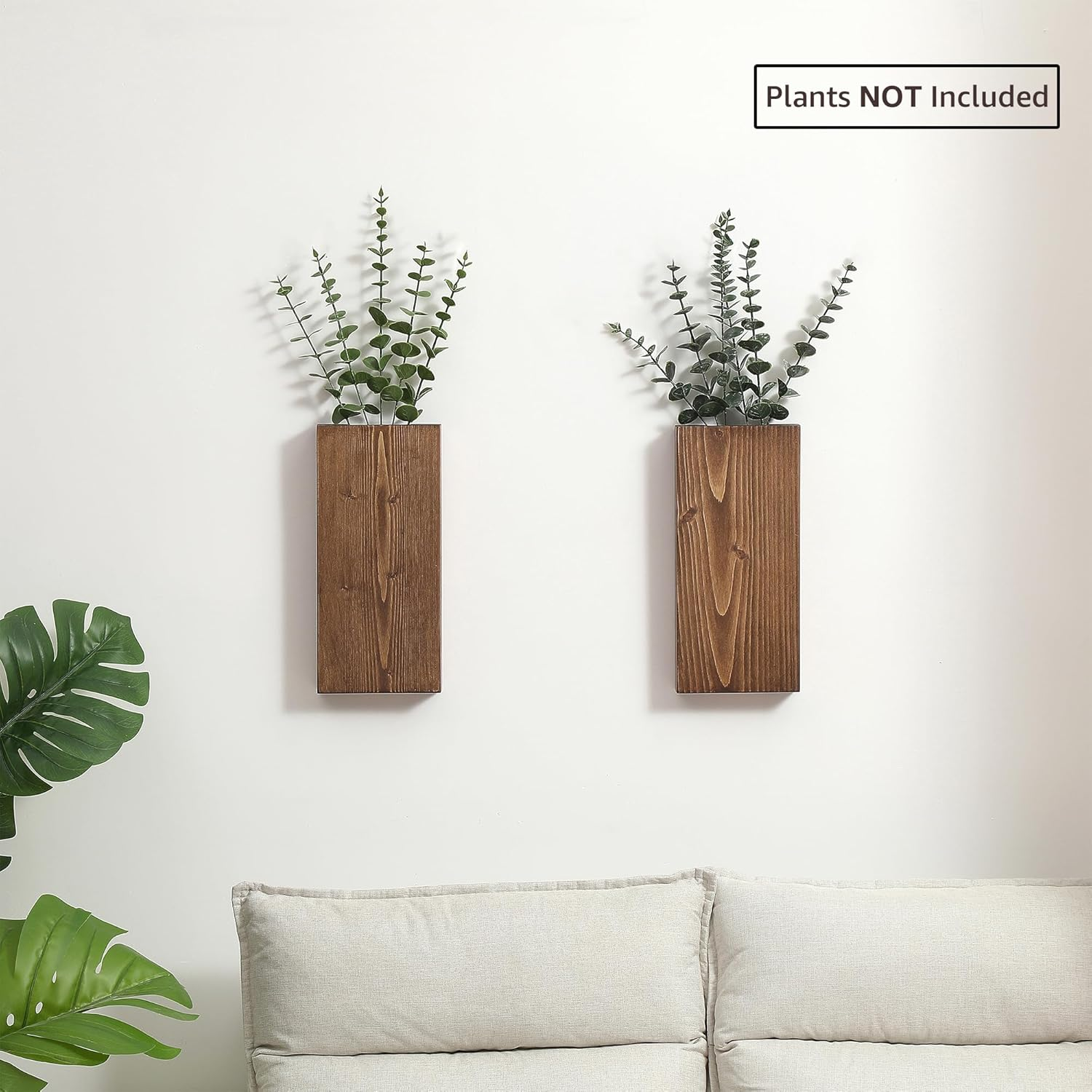 Wood Wall Planter Set of 2, Wood Wall Pocket for Greenery and Dried Flowers, Indoor Wood Hanging Vase, Modern Farmhouse Wall Decor for Living Room Bedroom Office Eucalyptus Stems Decorations (Walnut) - Walnut image number 6