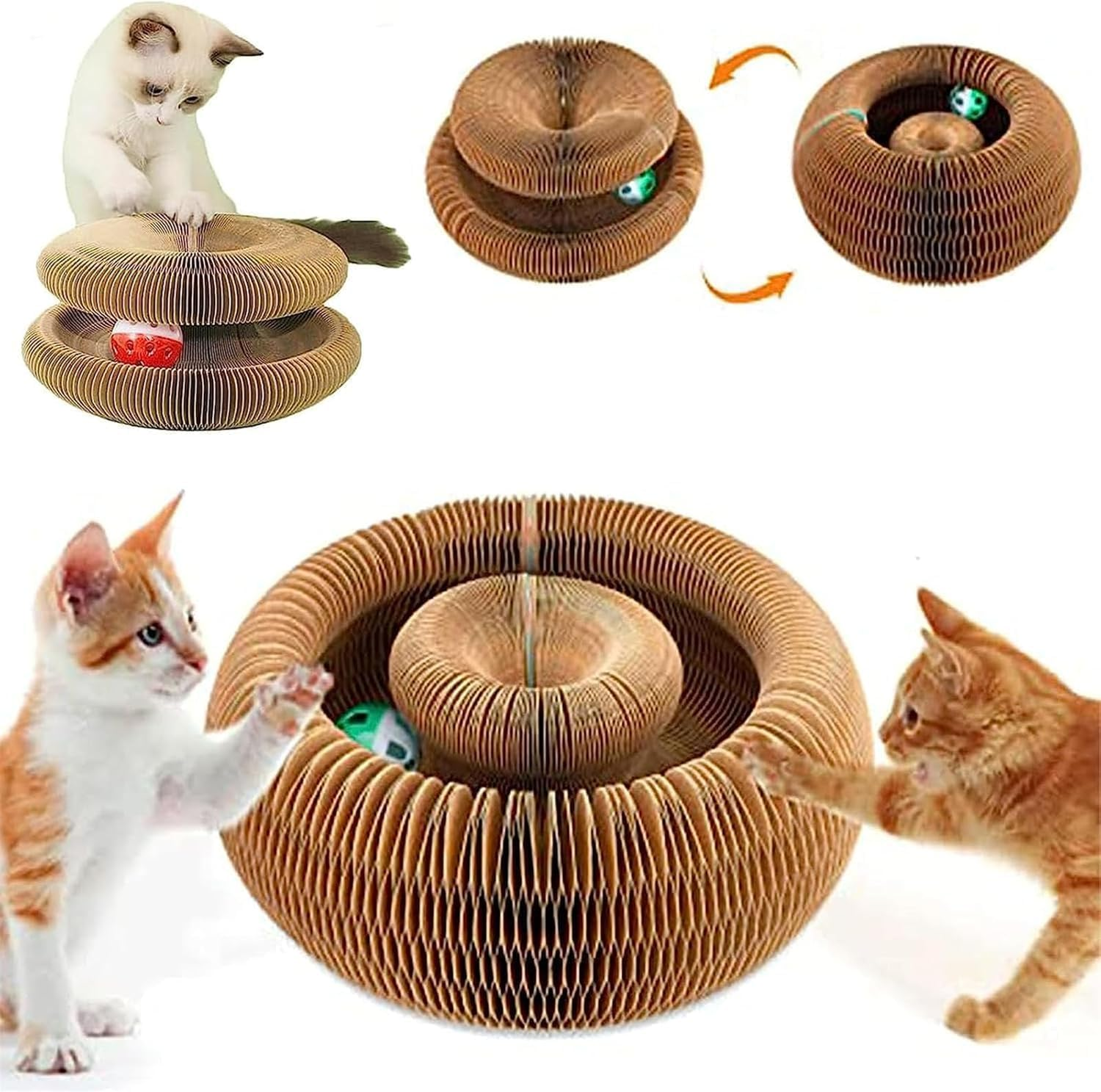Mumoo Bear Foldable Cat Scratcher Toy with Ball Track, Kitten Curl Toy Interactive Accordion-Style Scratching Pad, Corrugated Paper,Magic Organ Cats Scratcher Board image number 1