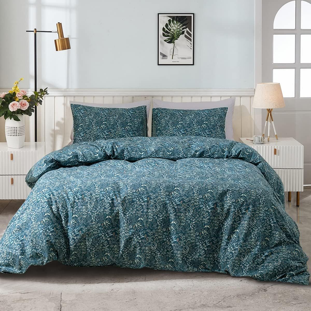 MICBRIDAL EAVD Garden Style Botanical Duvet Cover Queen Soft 100% Long Staple Cotton Cute Birds and Leaf Print Bedding Set with 2 Pillowcases Chic Green Leaves Comforter Set with Zipper Closure
