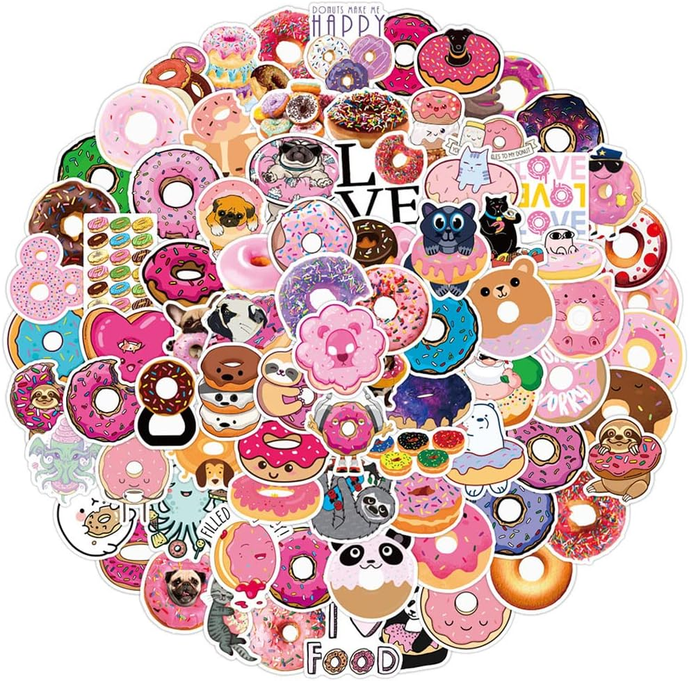 Donuts Stickers 100Pcs, Cute Sweet Food Doughnut Decals for Kids Teens Teacher Party Favors Reward for Water Bottles Luggage Computer Scrapbook Skateboard Guitar Greetings Cards DIY Decorations