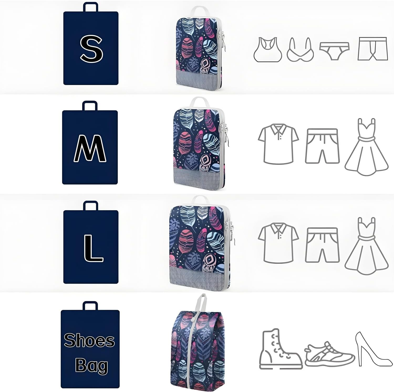 Travel Packing Cubes Set, Navy Feather Pattern, 4-Piece Mesh Storage Organisers with Handles ﻿ image number 1