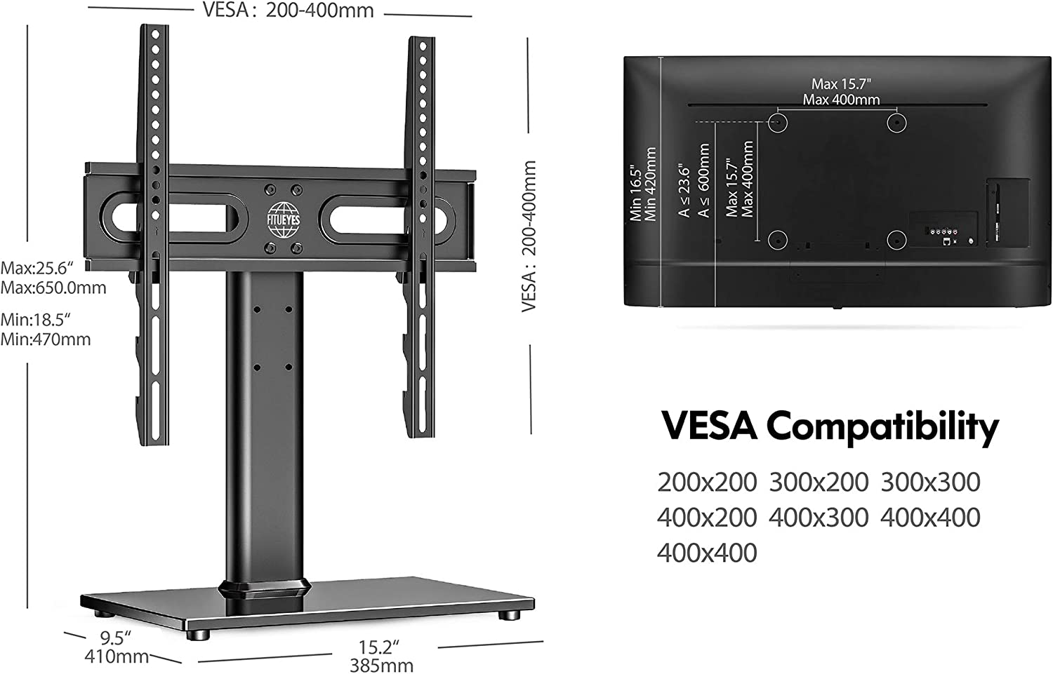 FITUEYES Universal TV Stand Table Top TV Base for 27 to 55 Inch LCD LED Flat Screen Tvs Height Adjustable Television Stands with Black Tempered Glass Base Holds up to 88 Pound VESA 400X400Mm image number 6