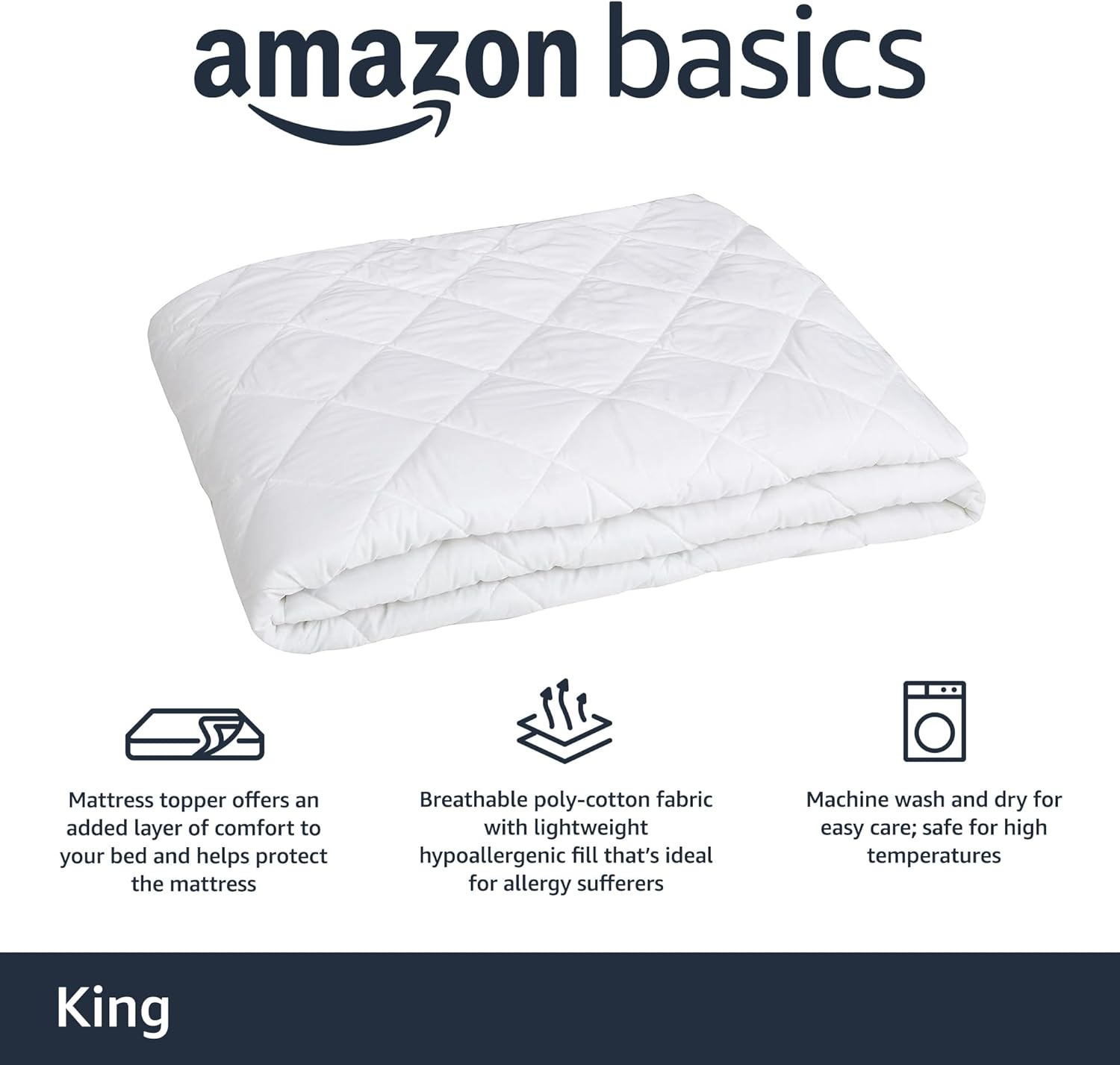 Amazon Basics Hypoallergenic Quilted Mattress Topper Pad Cover - 45.72 Cm Deep, King, White
