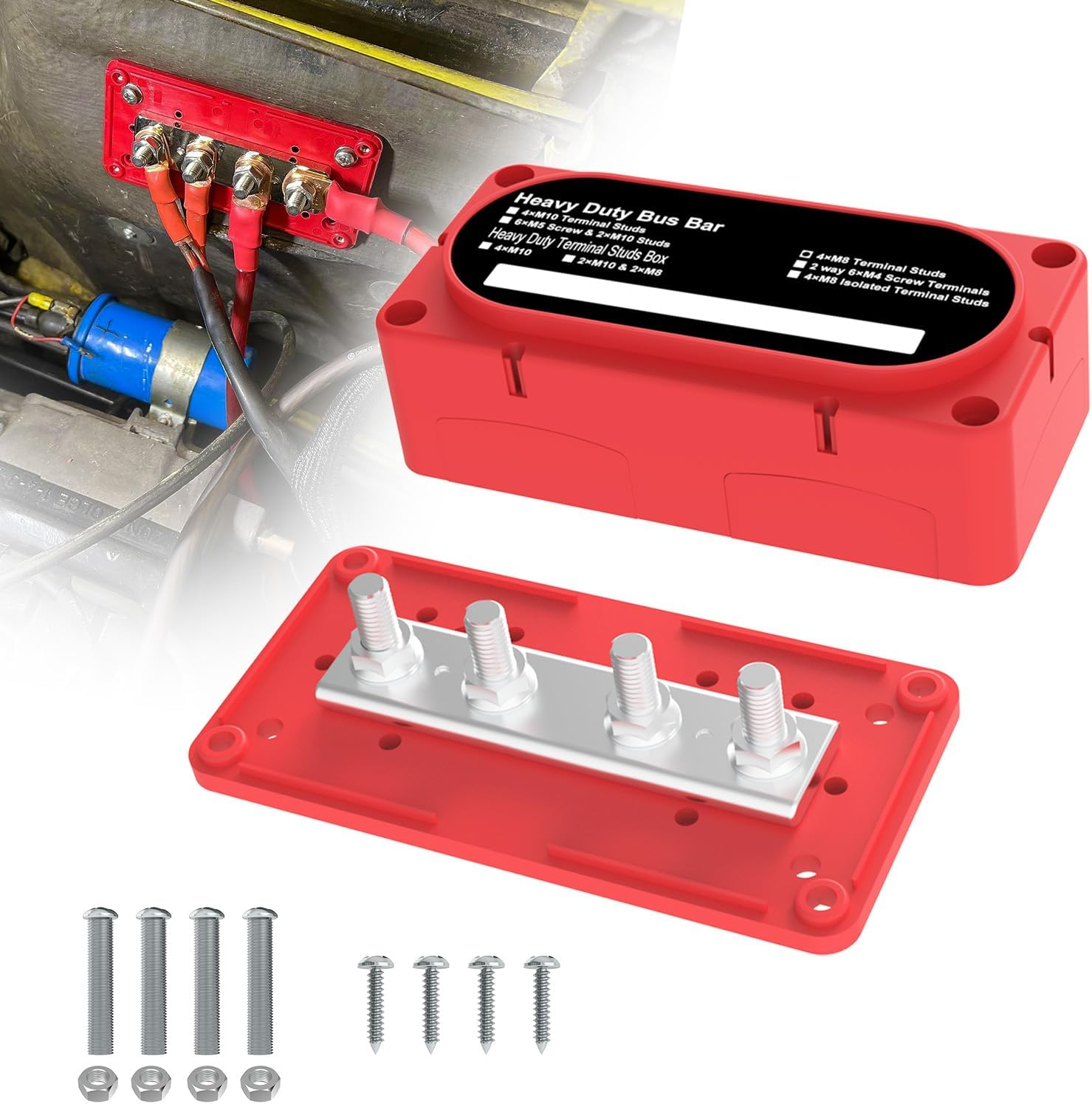 Heavy Duty Bus Bar 300A 12V Power Distribution Block with 5/16" (M8) 4-Posts Terminals Block with Cover for Automotive, Marine, Battery System(Red) image number 6
