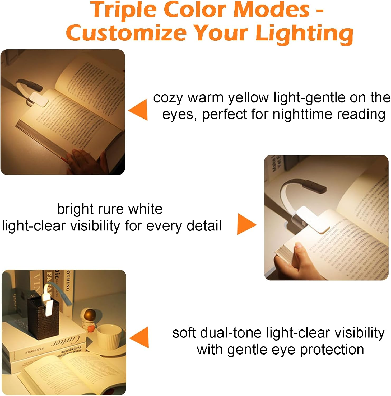 Zvorgath Clip-On Book Light - Battery Powered, Warm Eye Care Leds, Flexible, Durable, Dimmable, Perfect for Bookworms, Reading in Bed (Requires 2 AAA Batteries) image number 3