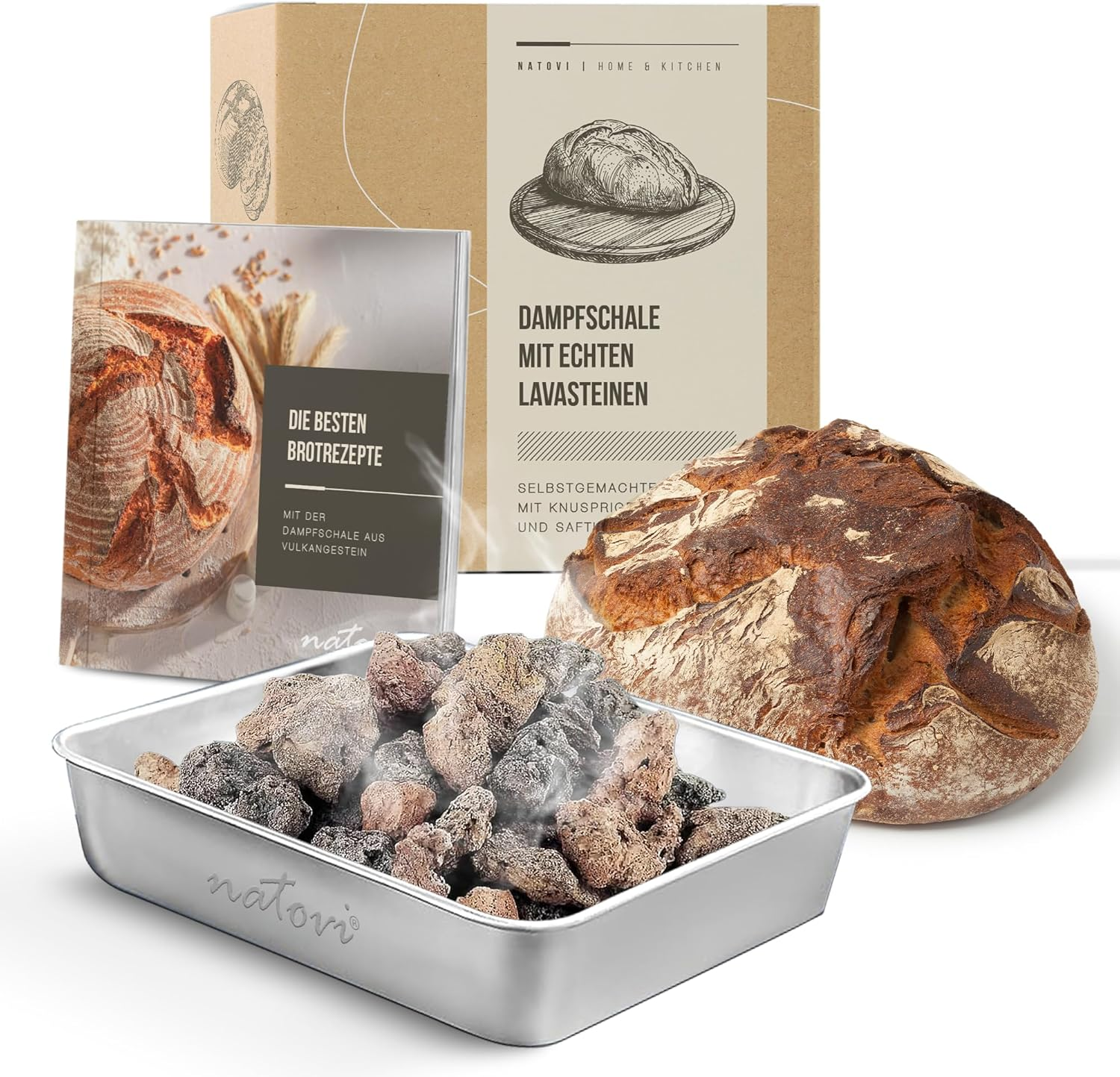 Natovi - Premium Steam Bowl with Natural Lava Stones - Bread Baking Accessories with Burnt Lava Stones for Intense Steam - Lava Stones Oven image number 4