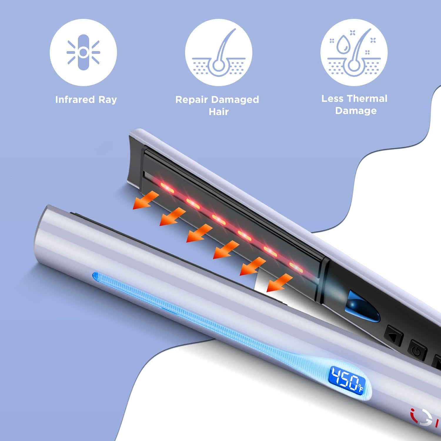 IG INGLAM Titanium Flat Iron Hair Straightener, Curling Iron 1 Inch, Infrared Negative Ionic Hair Straightener 11 Adjust Temp 250&deg;F to 450&deg;F, Shiny Hair Dual Voltage 110-240V, Gift, Purple