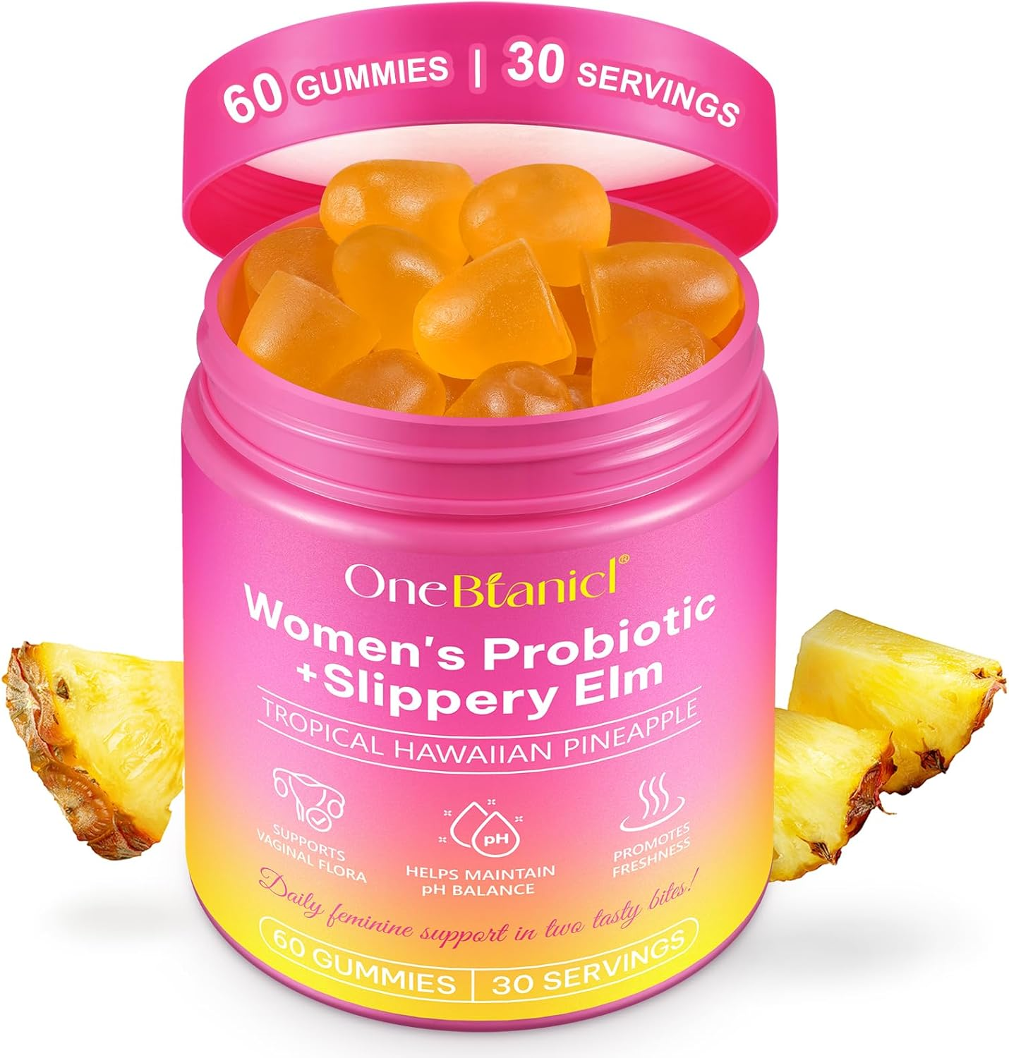 Women'S Probiotic Gummies + Slippery Elm | Supports Ph Balance, Digestive & Immune Health | with Prebiotics & Lactobacillus Blend | Pineapple Flavour | 60 Vegan Gummies image number 3