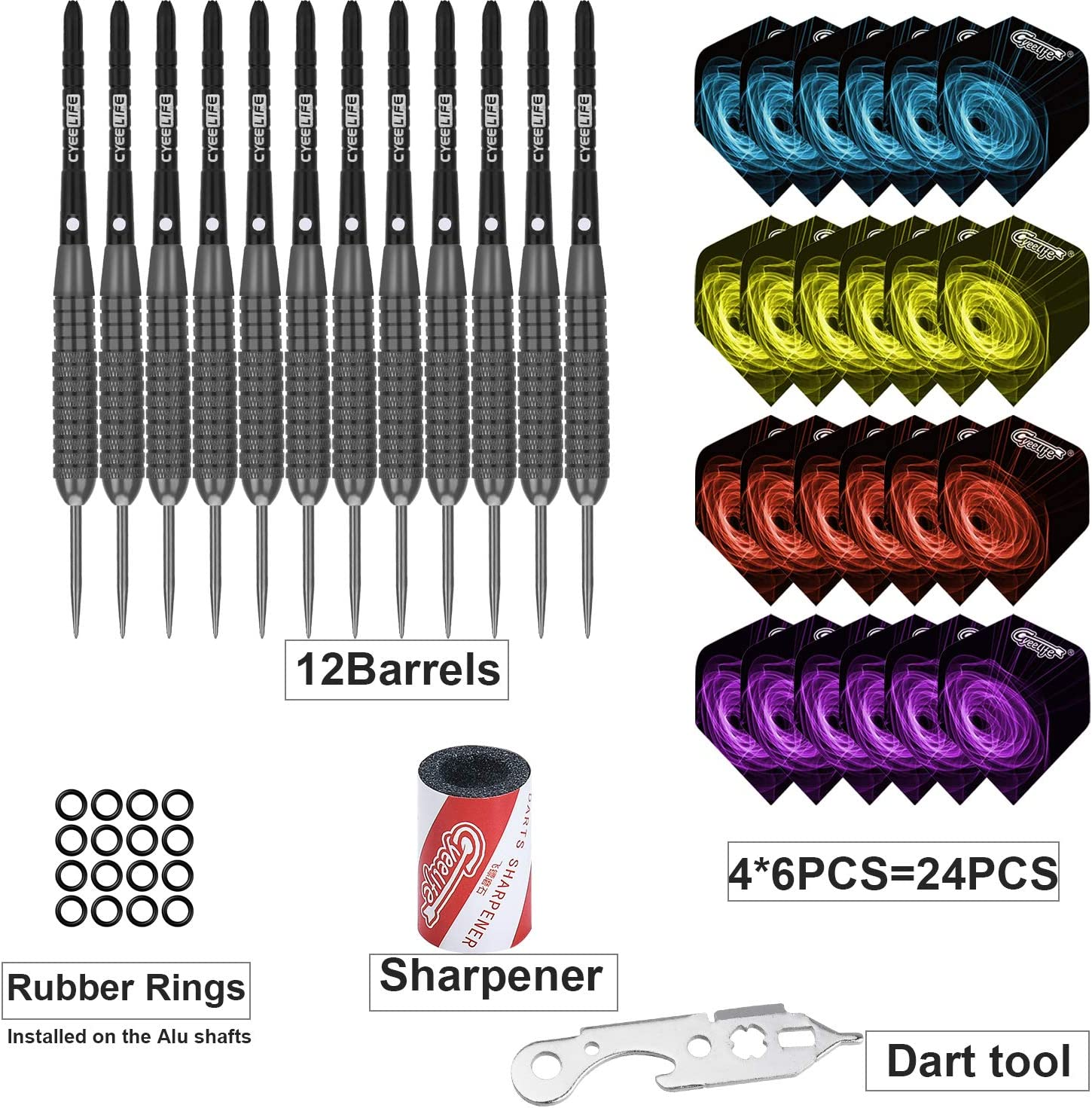 Cyeelife 12Pcs Steel Tip Darts 22/28G+16 Flights+Sharpener+Dart Tool+12Aluminium Shafts with Rubber Rings image number 6