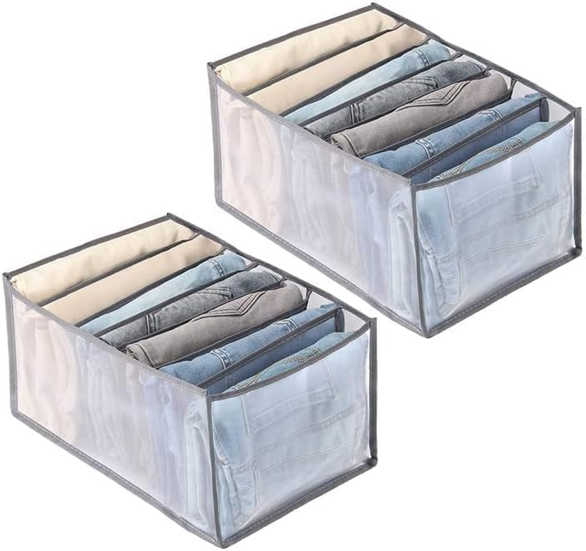 LEDON Wardrobe Clothes Organiser 7 Grids, White/Grey Foldable Clothes Storage Box for Home Storage & Organisation, Clothing & Closet Storage for Clothes, Jeans, Pants (Grey L 5PCS)