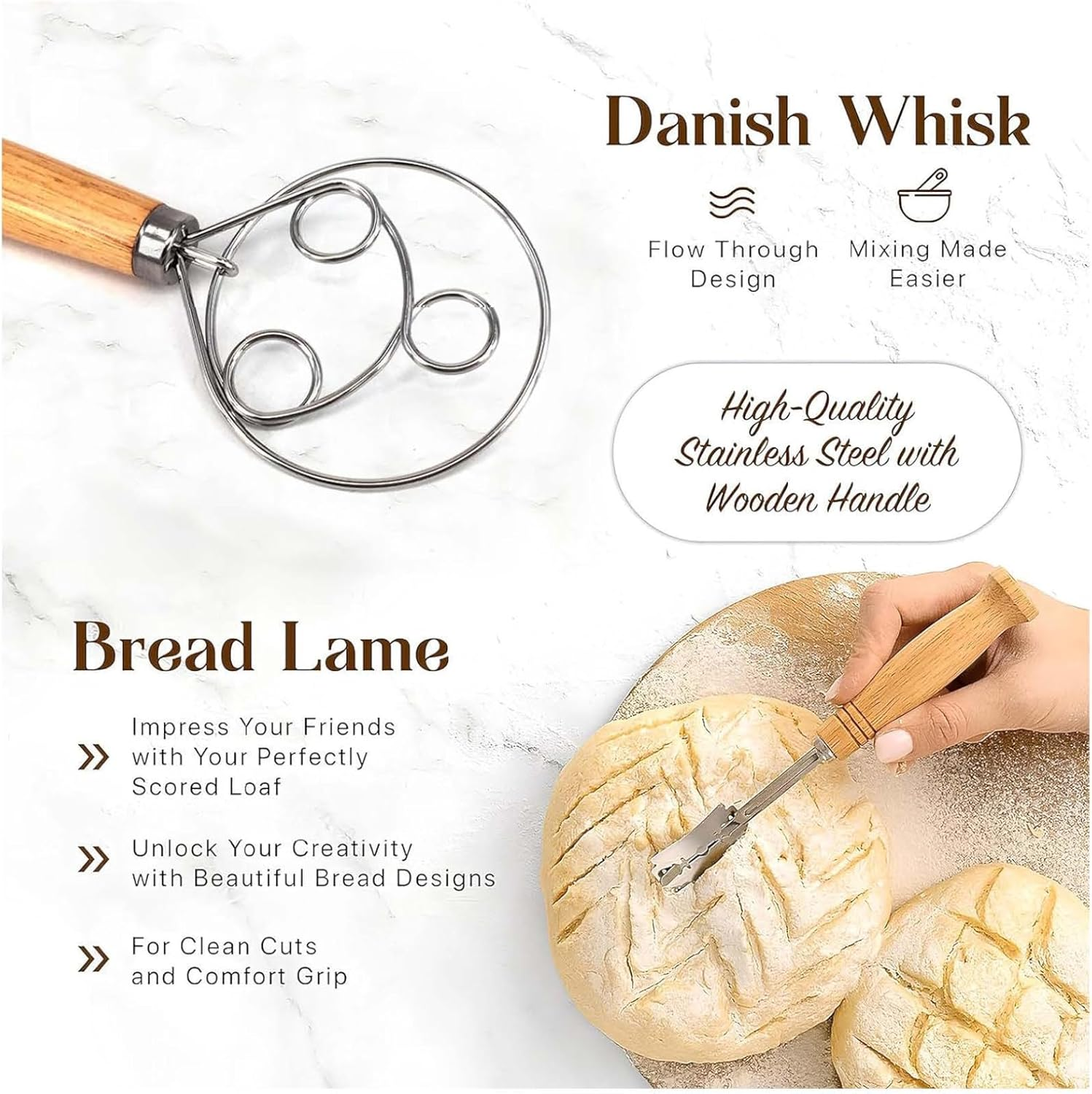 Kinconnyen Bread Banneton Proofing Basket Set,Round and Oval Bread Proofing Baskets,Danish Dough Whisk, Dough Scraper, Bread Bag and Brush,Sourdough Bread Baking Supplies. image number 2