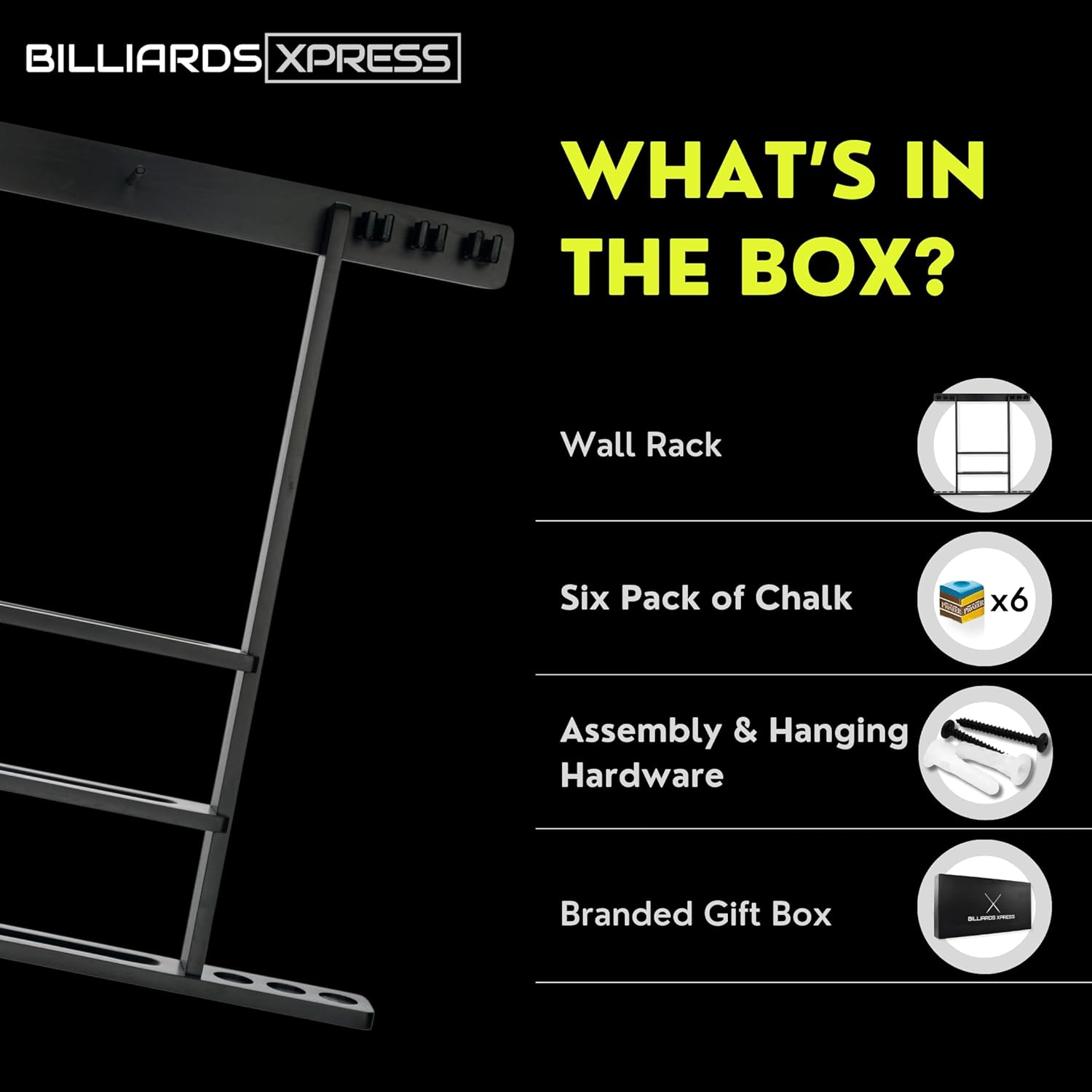 Pool Cue Rack - Pool Stick Holder Wall Mount with 16 Ball Holders & 6 Pack of Chalk - Rubber Circle Pads & Large Clips Prevent Damage - Compact Billiard Table Accessories for Man Cave image number 4