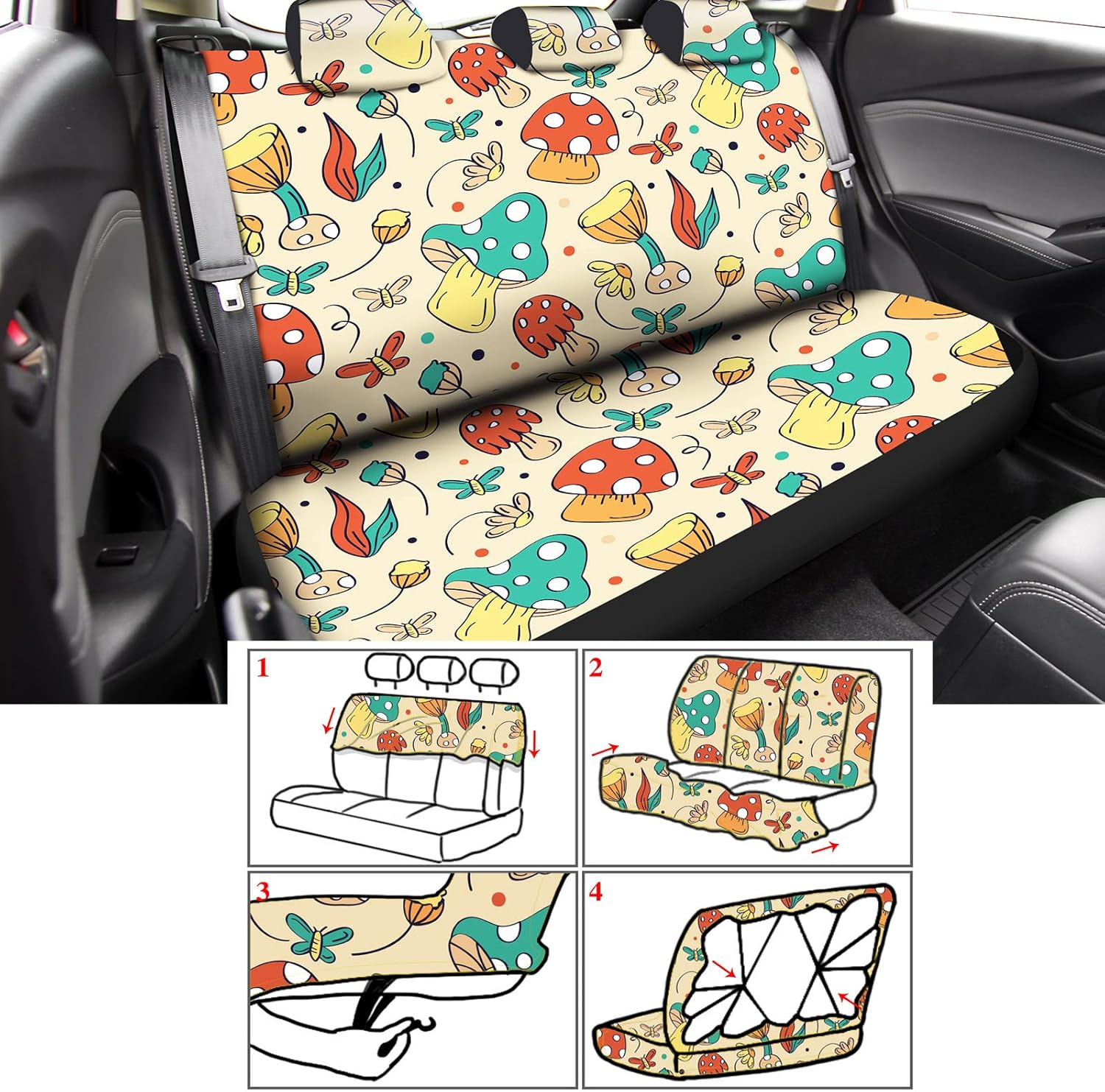 Riakrum 17 Pcs Mushroom Car Seat Covers Accessories Full Set for Women Men Automotive Rear Front Protector View Mirror Hanging Ornament Steering Wheel Belt Cover (Mushroom & Moth) (Sw-Riakrum-659738) image number 3