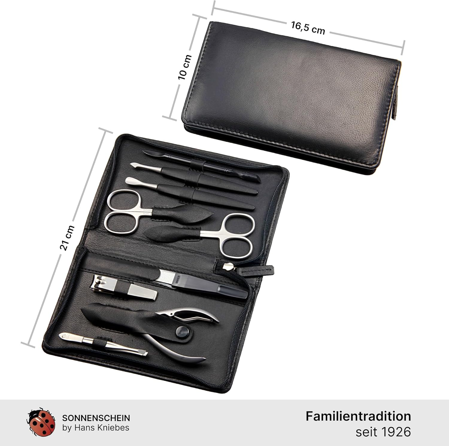 Sonnenschein by Hans Kniebes - Manicure Case, Zip: 9 Pieces, Stainless Steel Matt Finish, Nappa Lambskin Leather, Black - Bordeaux image number 5