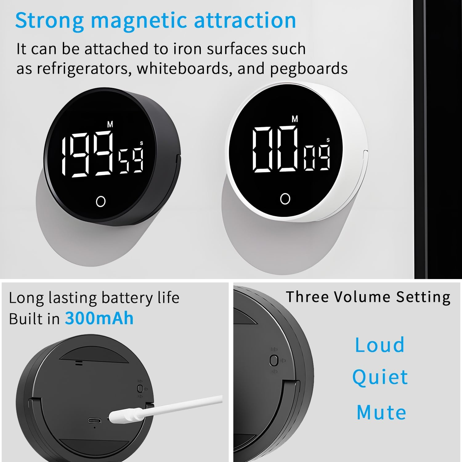 QUMOX F7 Digital Timer Countdown & Stopwatch with Adjustable Volume, Magnetic Base, Rotating Knob, Rechargeable Battery Perfect for Cooking, Study, and Work - White image number 3