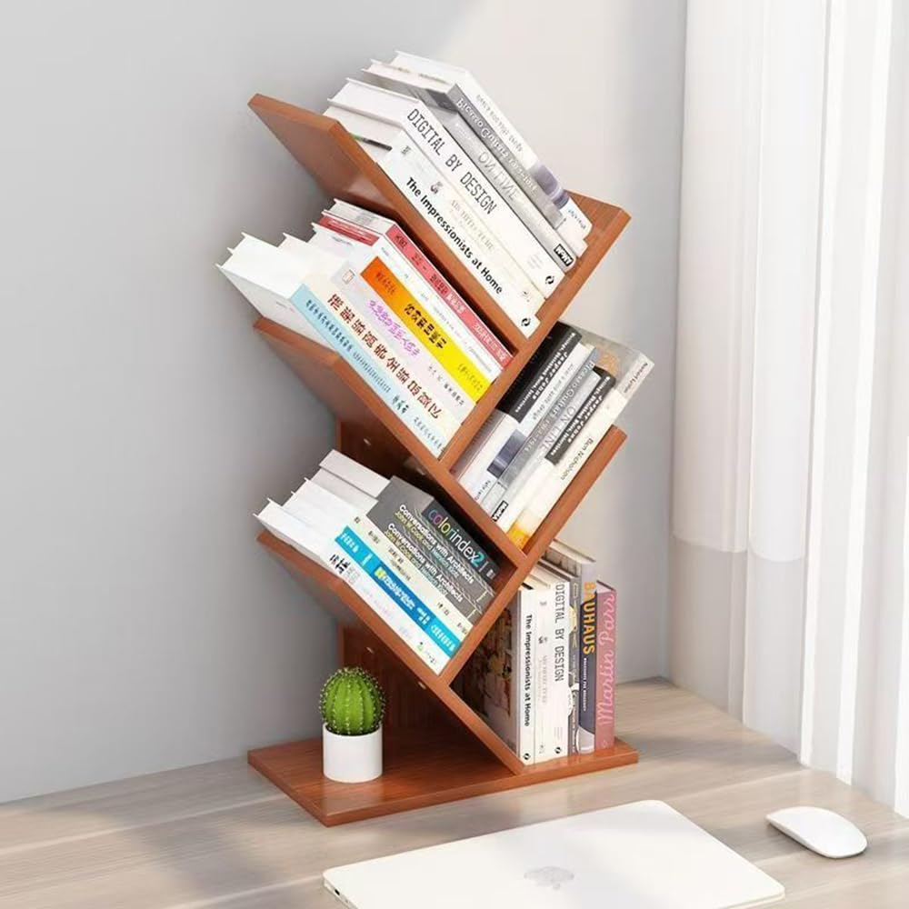 Hbluefat Tree Bookshelf, 5-Tier Wooden Desktop Small Bookshelf and Mini Bookcase for Office, Home or School Desk Book Shelf for Displaying Books, Cds, Magazines Wood Storage Rack (Teak) image number 6
