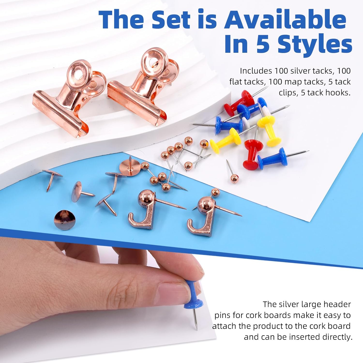 Glarks 310Pcs 5 Styles Rose Gold Push Pins Set, Thumb Tacks Decorative Push Pins for Bulletin Board Decorations, Artworks, Photos, Craft Projects - Gold image number 5