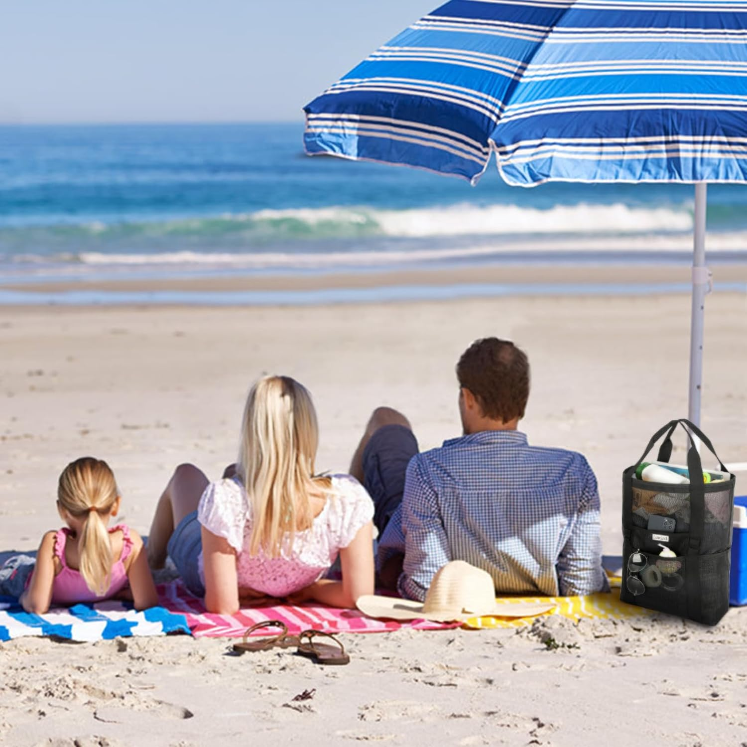 Luwint Mesh Beach Bag Beach Tote Bag Lightweight Waterproof Sandproof Mesh Bag with Multiple Pockets for Beach Swim Pool Water Sport Travel image number 3