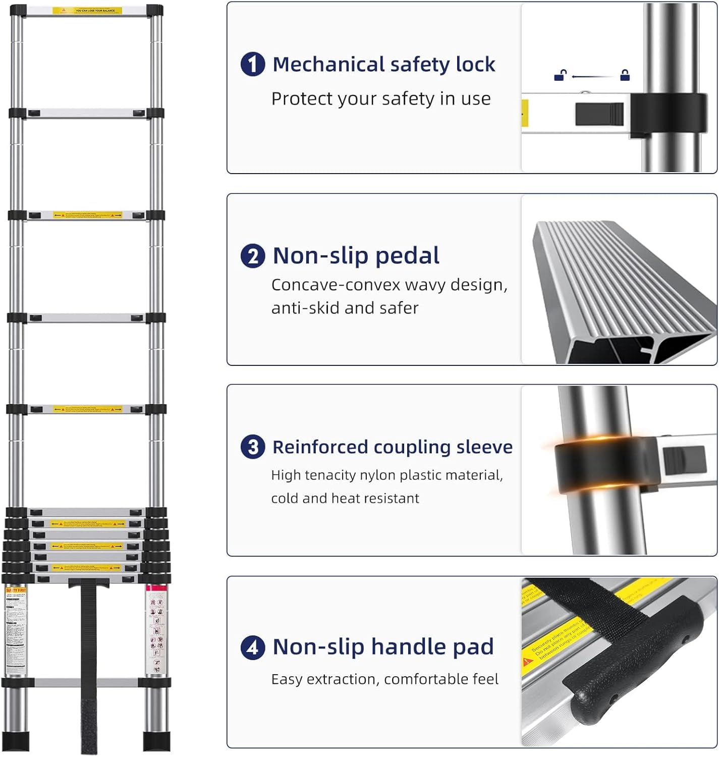 3.8M/12.5FT Telescoping Ladder- Multi-Purpose Aluminum Extension Ladder Adjustable Compact Ladder for Household, RV, Outdoor, 150Kg Max Capacity image number 3