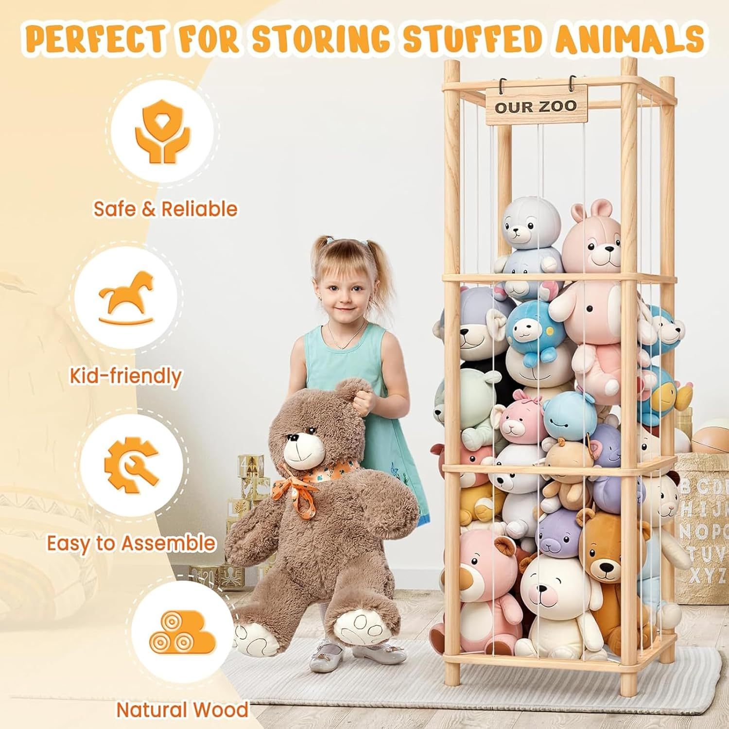 Stuffed Animal Organizer with Elastic Band, Zoo Plush Toy Storage Holder for Nursery, Toddler Room, Playroom, Bedroom, Wooden 40 * 40 * 136Cm image number 1