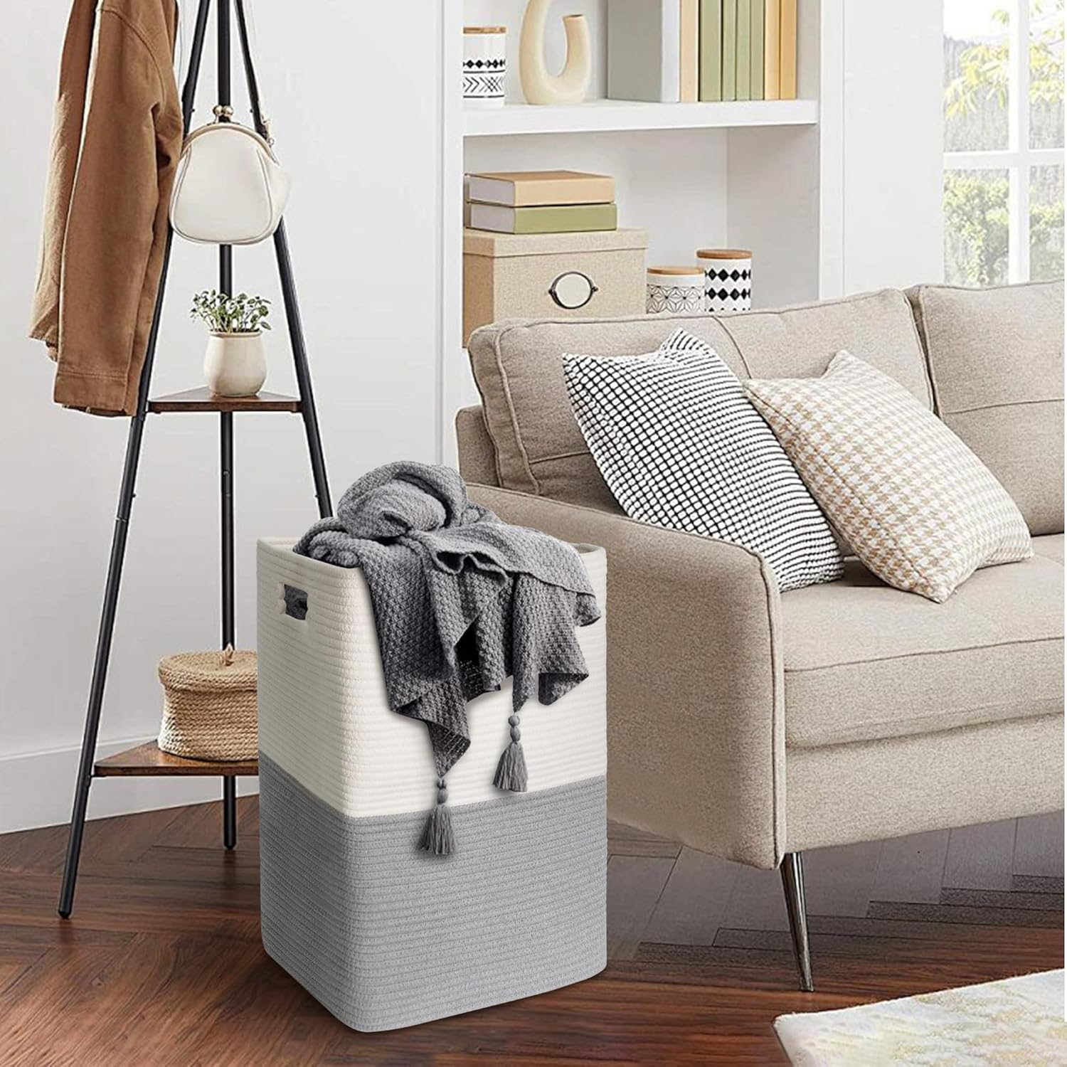 MEGASKET Large Laundry Hamper Basket, 16"X13"X22" Hampers for Bedroom Aesthetic, Cotton Rope Dirty Clothes Hamper, Soft Baby Kids Nursery Wicker Laundry Basket, Tall Woven Laundry Bin, Gray, 75L - Black Stripe image number 7