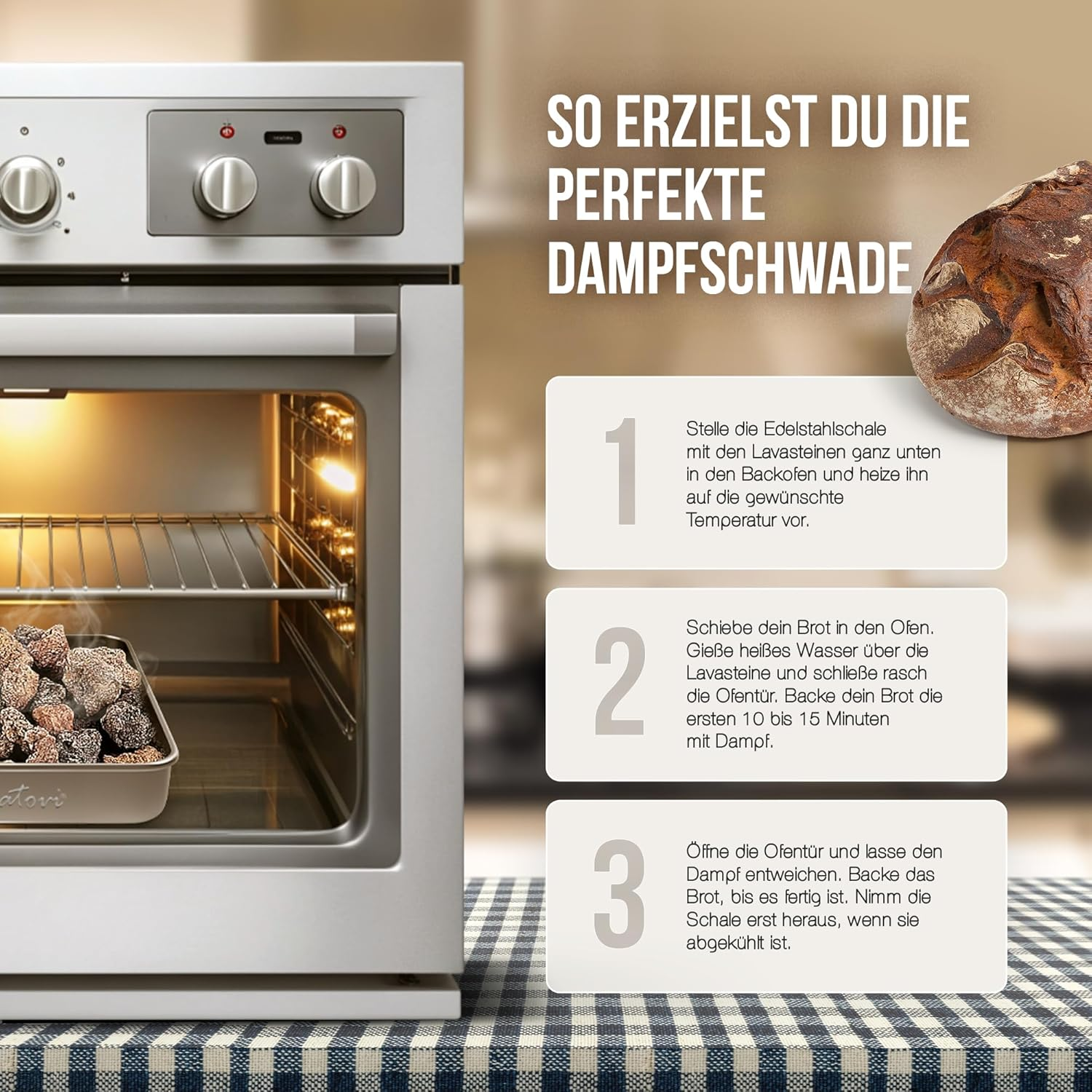 Natovi - Premium Steam Bowl with Natural Lava Stones - Bread Baking Accessories with Burnt Lava Stones for Intense Steam - Lava Stones Oven image number 5