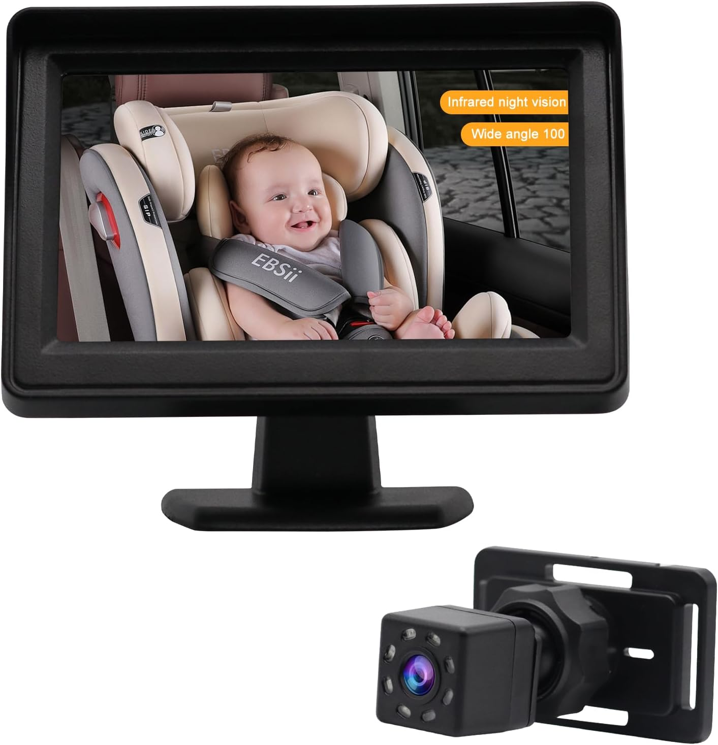 Baby Car Camera, 4.3'' HD Night Vision Function Car Mirror Display, 360 &deg;Rotation, 100&deg; Wide Angle Seat Safety Seat Mirror, Easily to Observe the Baby'S Every Move
