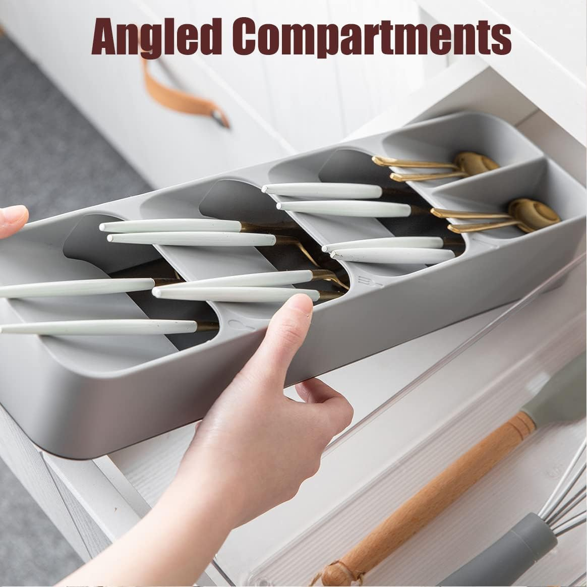 Compact Small Cutlery Tray Organiser, Utensil Holder for Drawers, Kitchen Silverware Drawer Organizer Divider for Spoons Forks & Short Knives, White Green image number 3