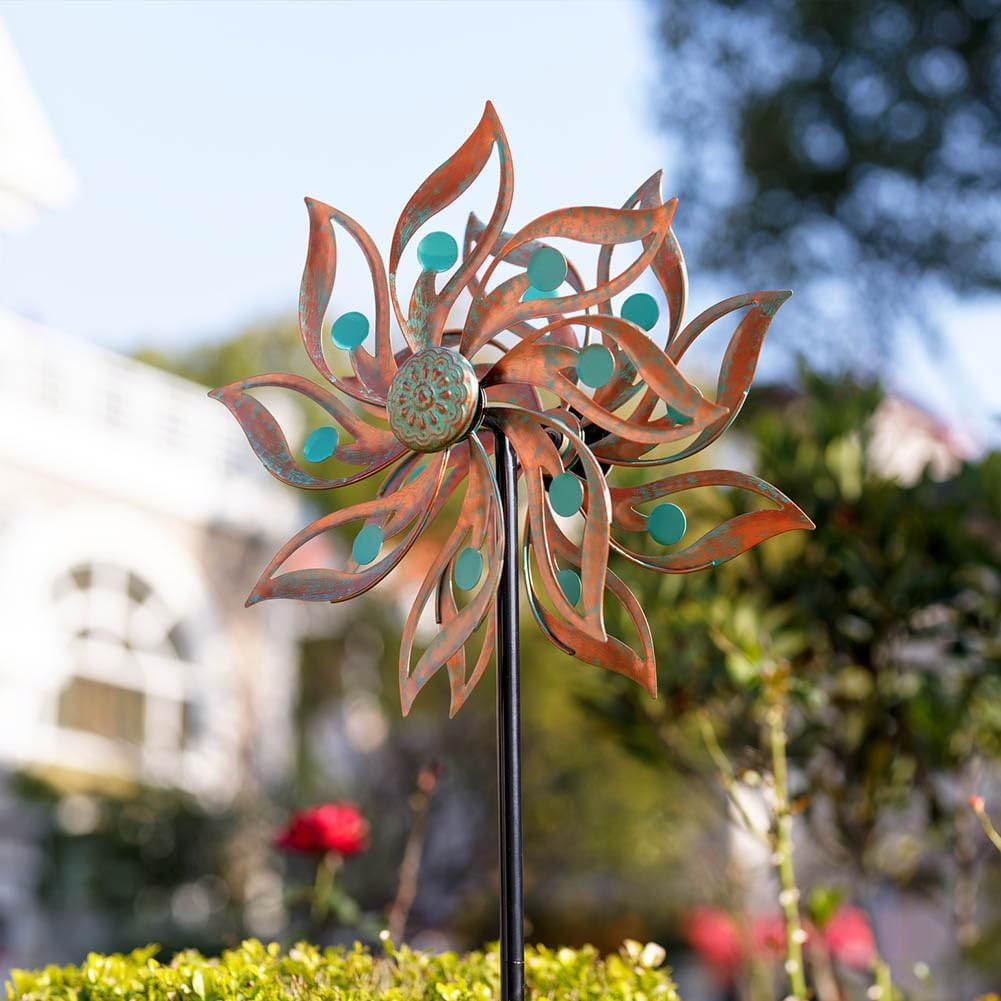 Viveta Metal Wind Spinners Outdoor,Vintage Kinetic Wind Spinner Garden Pinwheels with Metal Stake for Patio,Lawn,Garden,Creative Gifts for Women, 59 * 13.4 Inch, Rusty Red-Green image number 1