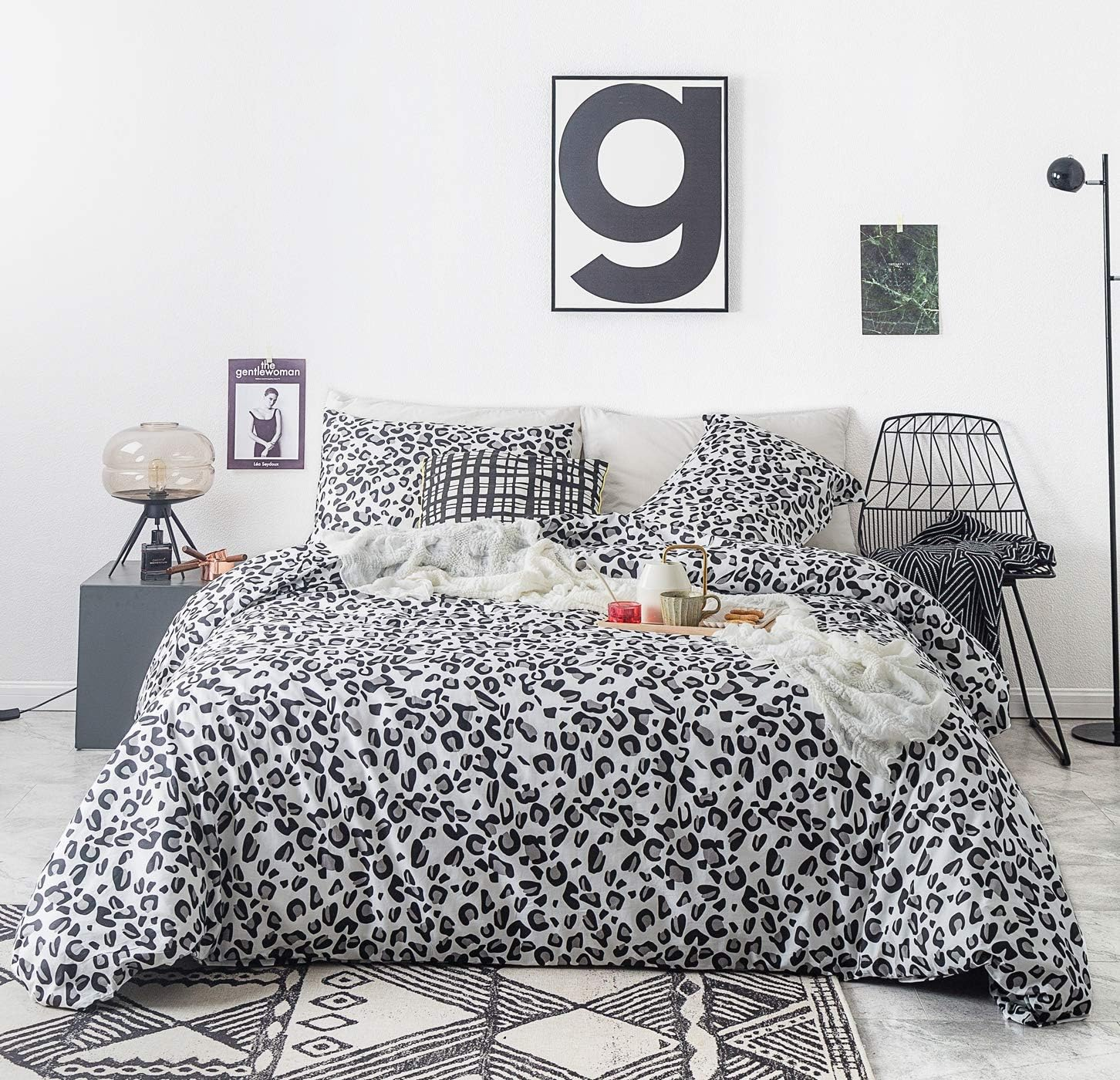SUSYBAO Black Leopard Duvet Cover King 100% Cotton 3 Pieces Set 1 Grey White Cheetah Patterned Duvet Cover with Zipper Ties 2 Pillowcases Modern Wild Animal Print Bedding Set Soft image number 5