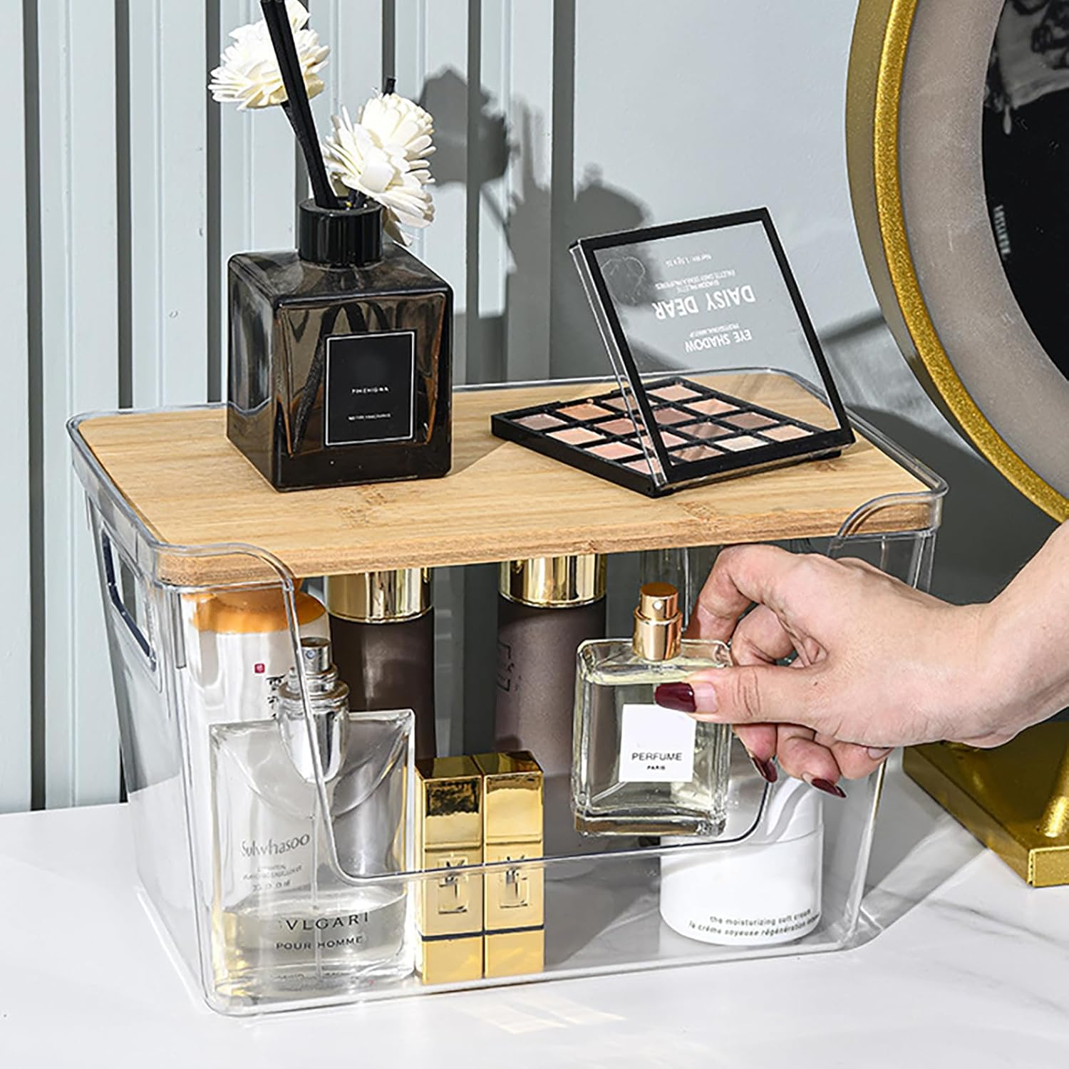 FORYUSE 2 Pack Clear Stackable Storage Containers Acrylic Open Front Storage Bins with Lid Handle for Kitchen Organiser Trash Bag Holder Dispenser