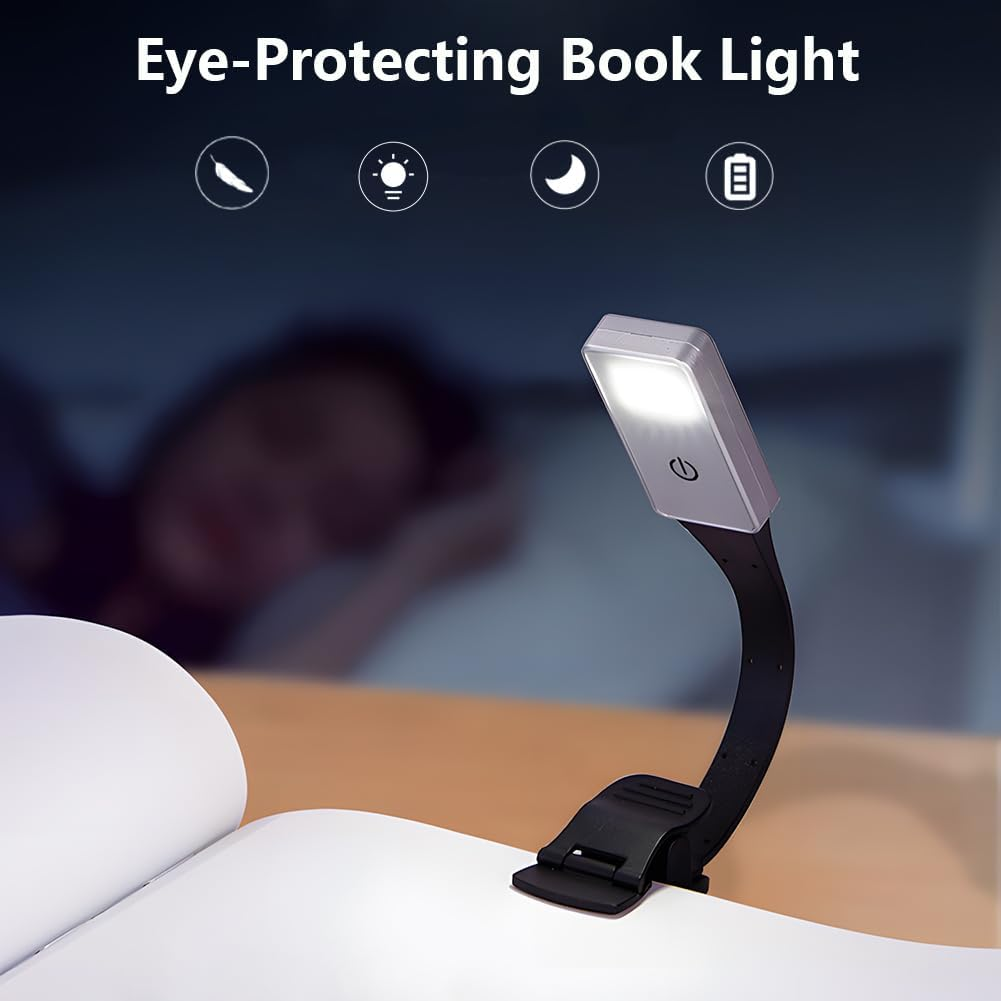RUPEWA 8 LED Book Light, Clip-On​ Book Light for Bedside Reading, Lightweight Reading Light, USB Rechargeable Book Lamp for Book Lover, Black