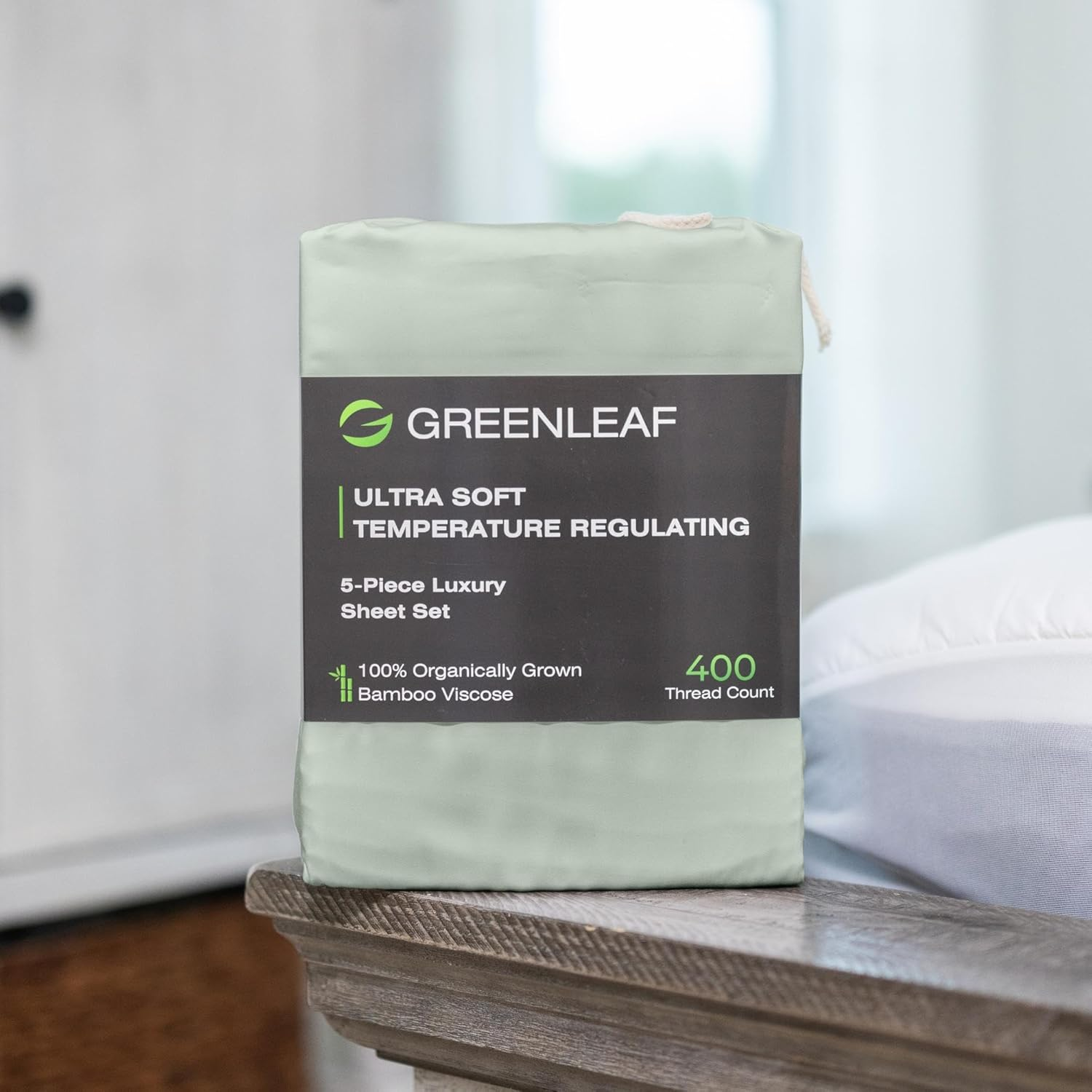 GREENLEAF King-Sized Bed Sheet Set, Seaglass Green | Fitted Bed Sheet with Pillow Cases, Flat Sheet & Sleep Mask | Breathable, Ultra-Soft Cooling | Deep Pocket up to 18" | Double Stitched Sateen image number 2