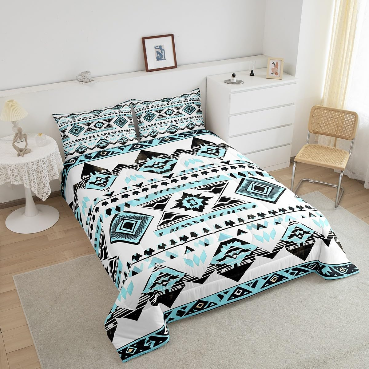 Loussiesd Southwestern Duvet 135 X 200 Cm Boho Geometric Western Quilt for Room Decor Tribal Native American Pattern 4-Seasons Duvet Blue Black Breathable Duvet image number 5