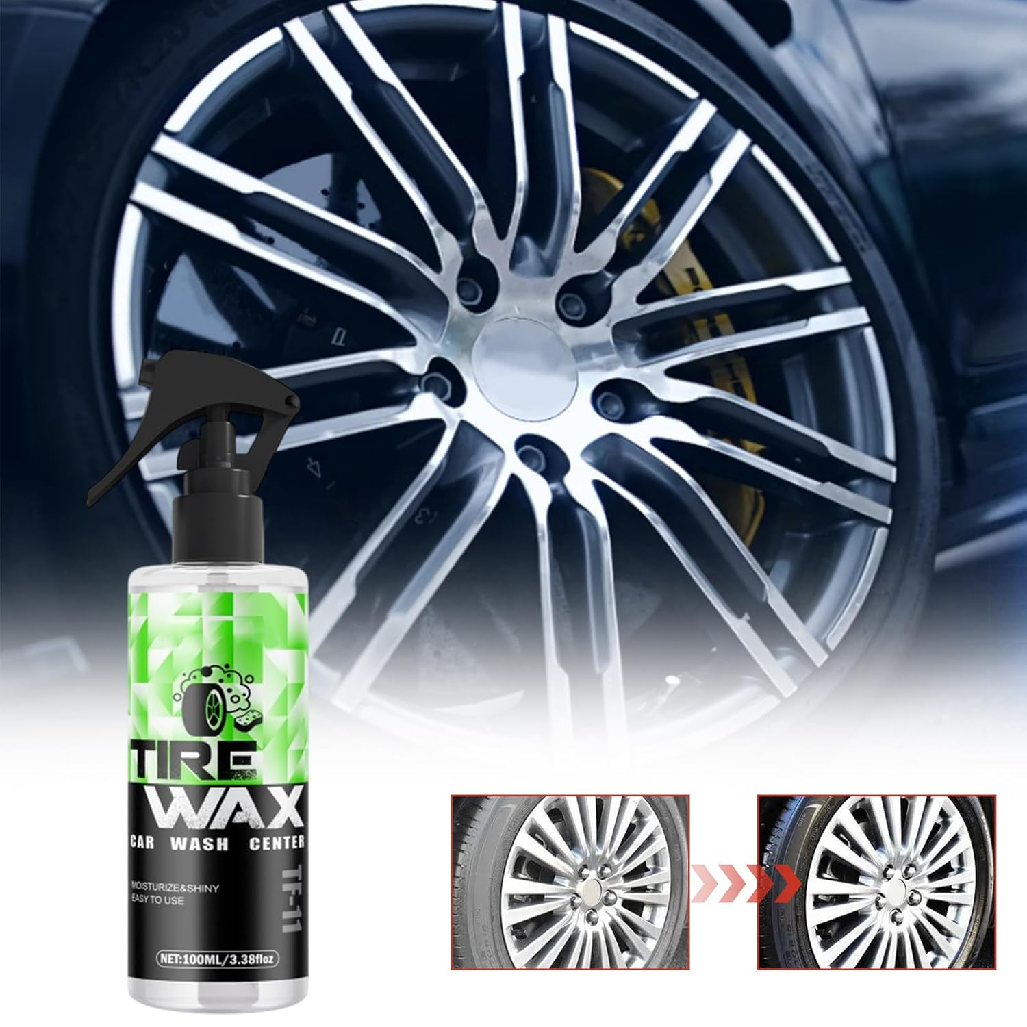 Tire Black - High Gloss Wheel Coating,High Gloss Finish Foam, UV Protection, Long-Lasting, Quick Dressing for Black Tires, Wheels, & Rubber, 100Ml