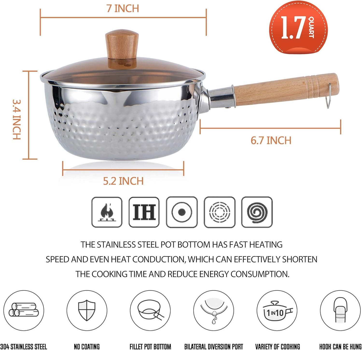 Stainless Steel Saucepan Milk Sauce Pan with Glass Lid and Oil Drip Rack，Deep Type Yukihira Saucepan，1.7 Quart (18Cm / 7Inch / 1.7 Quart) image number 3