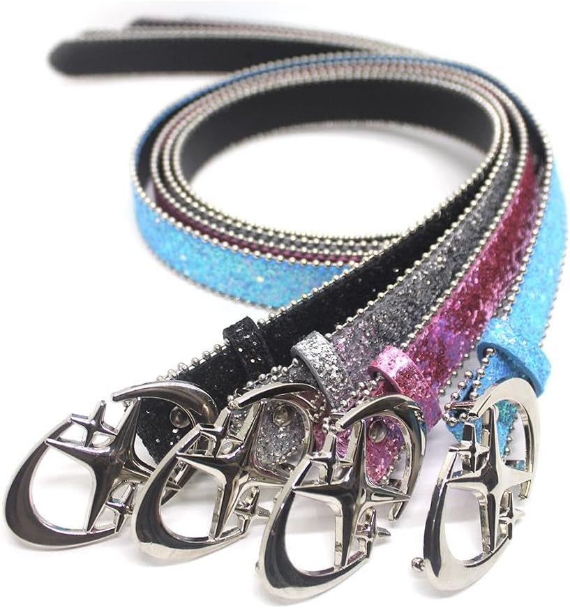 Punk Star Moon Belt Y2K Glitter Rhinestone PU Leather Waist Belt for Women Men Jeans Dresses Gothic Waistband