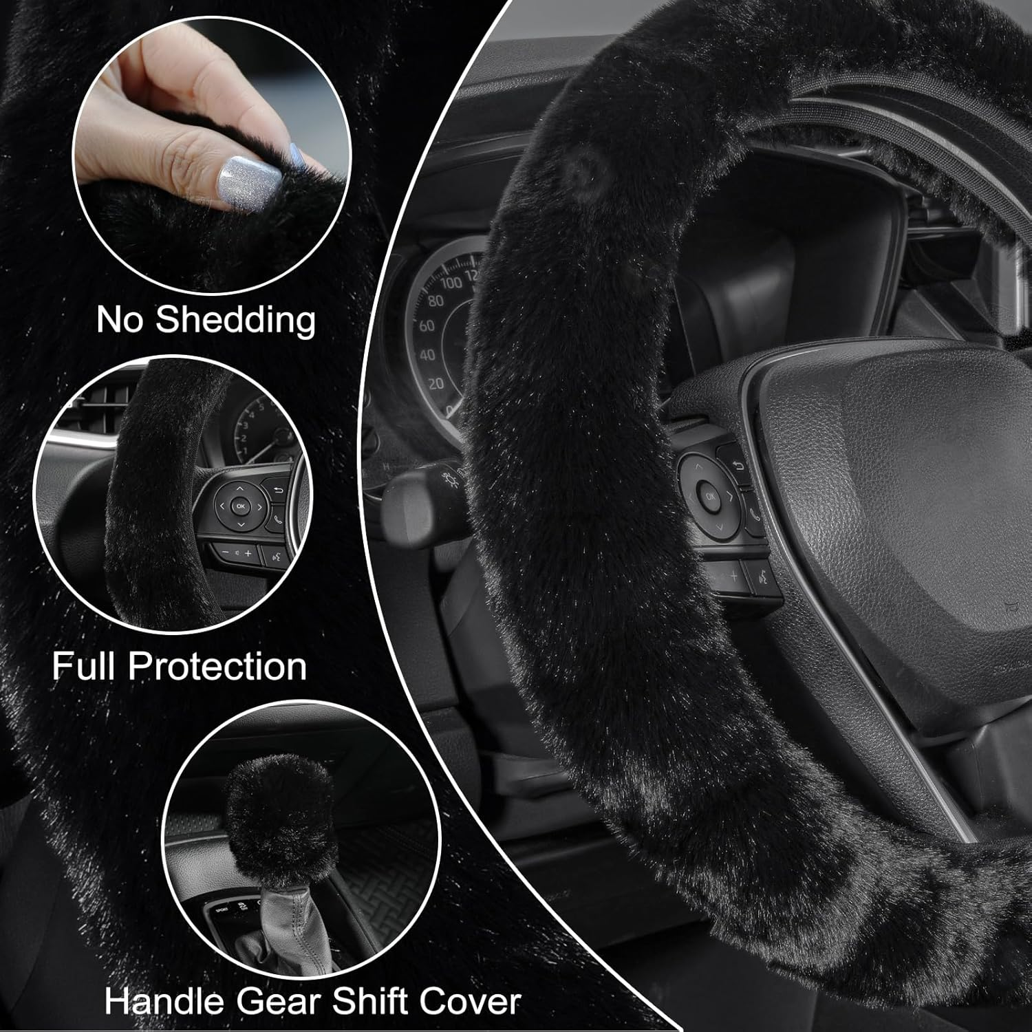 SEG Direct Fluffy Steering Wheel Cover and Fluffy Gear Lever Cover, Soft Warm Non-Slip Car Decoration for Women and Girls 2 Piece Set image number 3