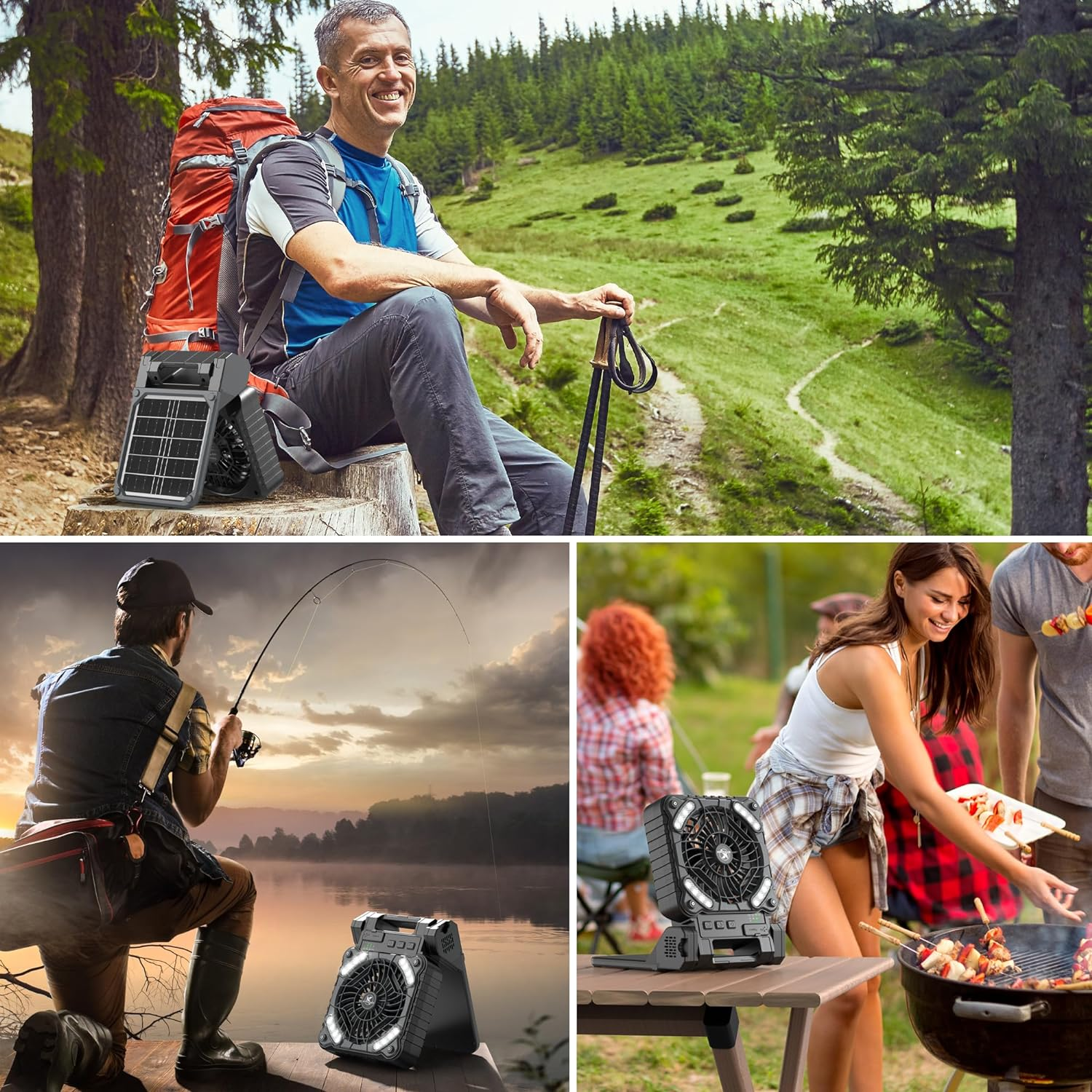 KITWLEMEN Solar Camping Fan with Lantern - Rechargeable Battery Operated Fan, 18H Run Time Max, 4 Speeds, 8H Timer, 90&deg; Adjustable Portable Desk Fan for Hurricane, Power Outage, Outdoor image number 3