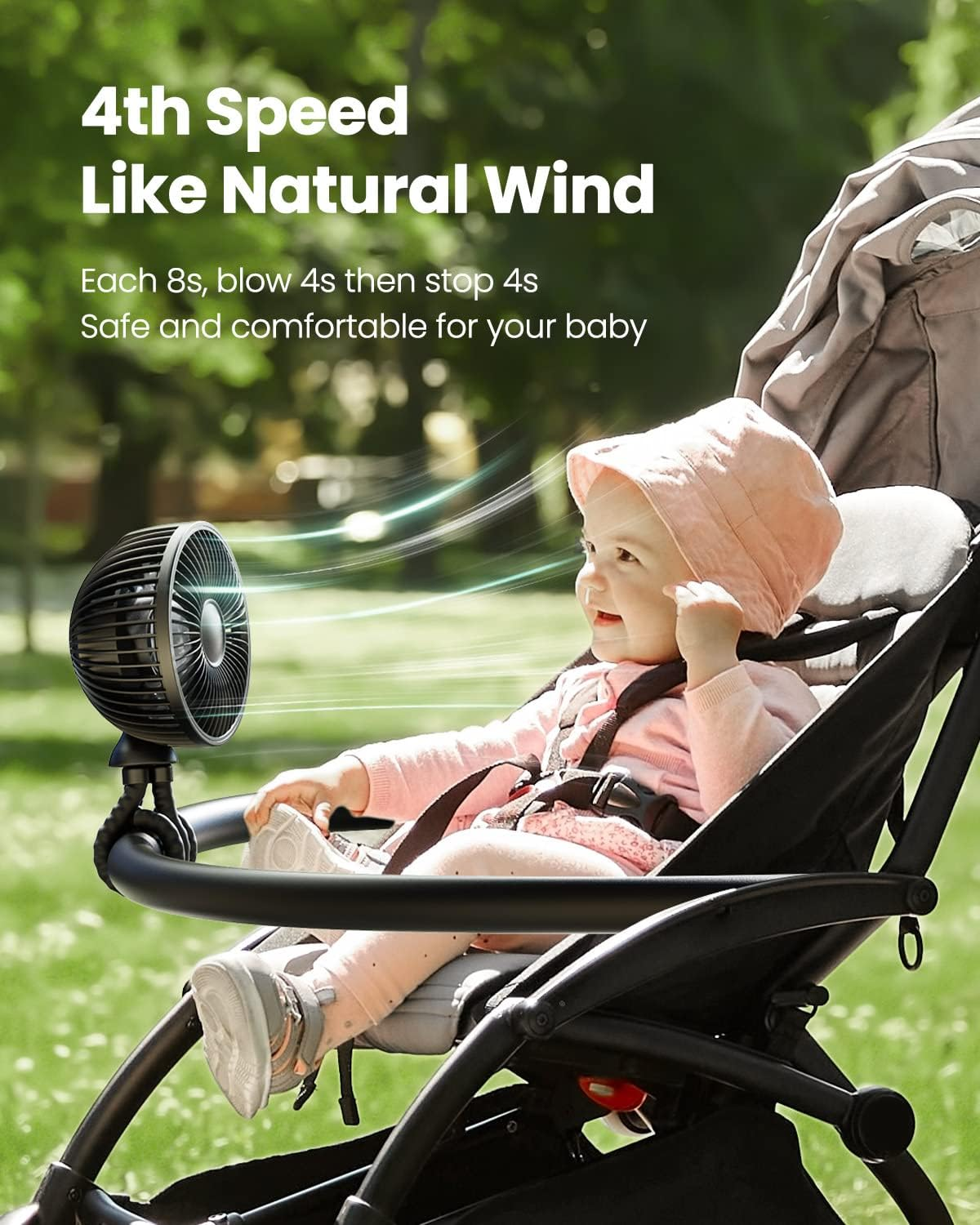 Gaiatop Baby Stroller Fan, 4000Mah Oscillating Mini Portable Fan with Light, 4 Speeds Battery Operated Small Handheld Desk Fan, 360&deg; Rotate Flexible Tripod Clip on Fan for Car Seat Crib Travel Black - Pink image number 1