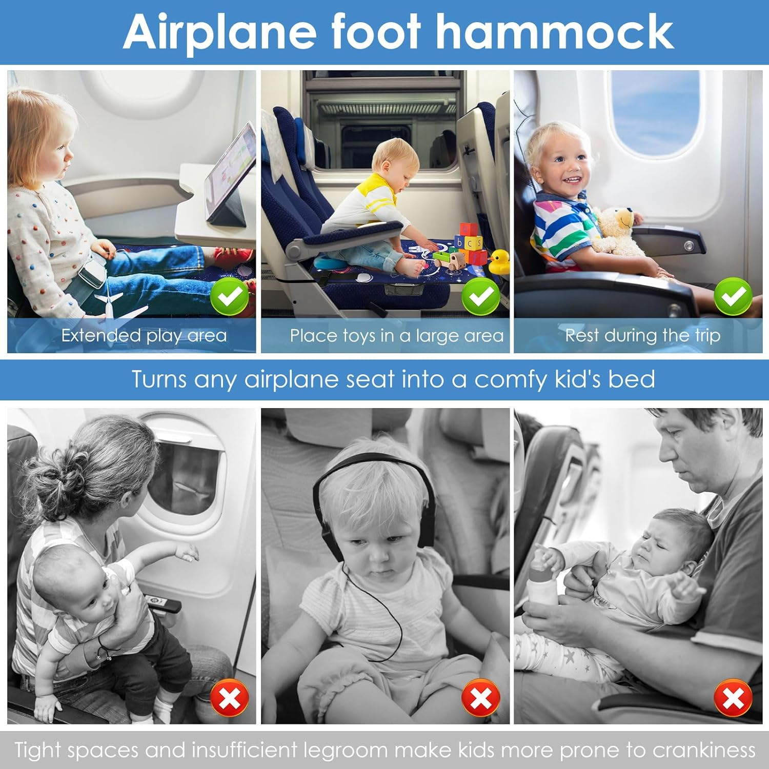 Kids Airplane Footrest Portable Kids Airplane Seat Extender Colorful Airplane Foot Hammock Breathable Toddler Airplane Bed Travel Essentials with Storage Bag for Kids Toddlers 79X44Cm(Starry Blue) image number 4