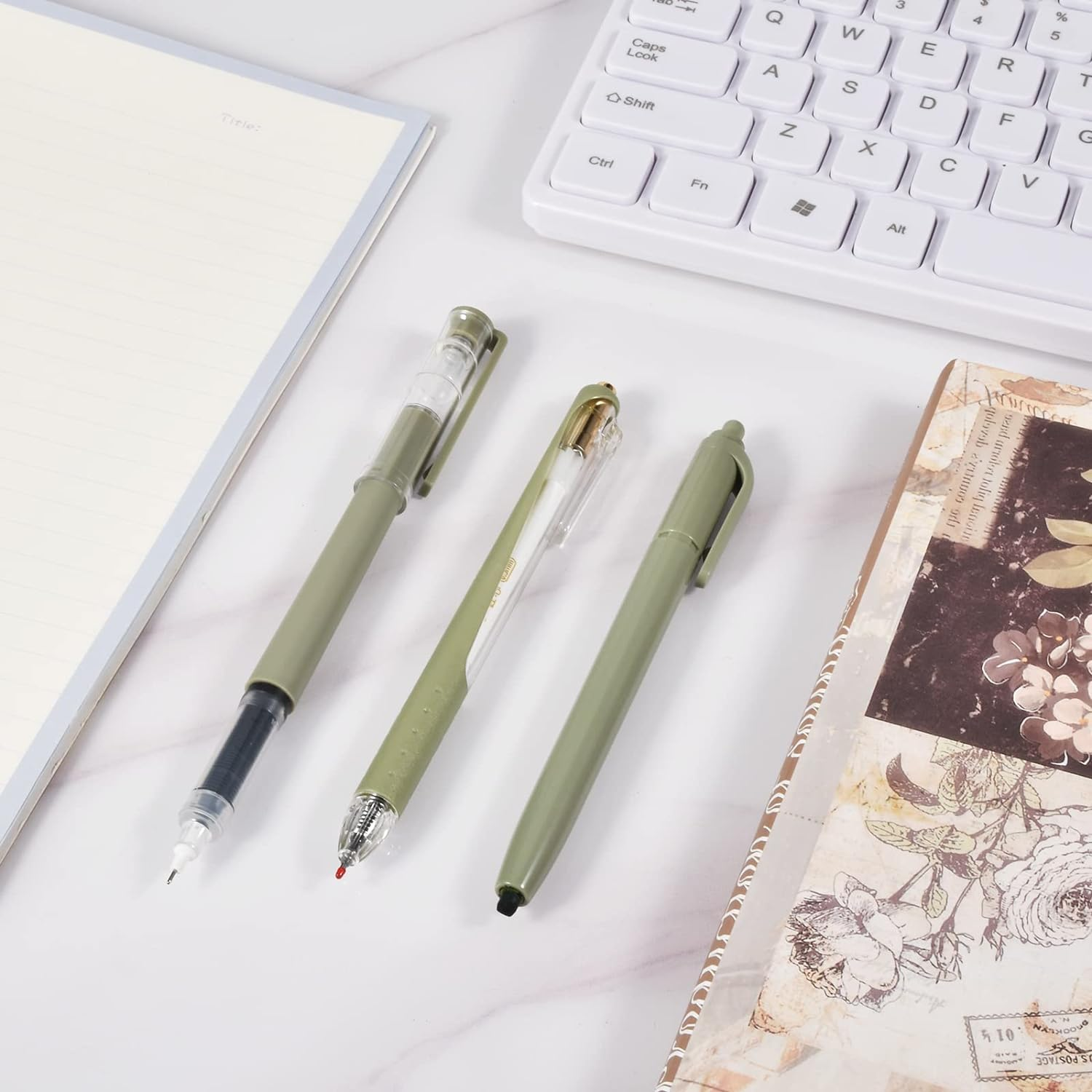 BAYTORY 5Pcs Gel Pens and 1Pc Highlighter, Quick Dry Ink Pen Fine Point Black 0.5Mm, Aesthetic Retractable Rolling Ball Pen Smooth Writing for Journaling (Green) image number 4