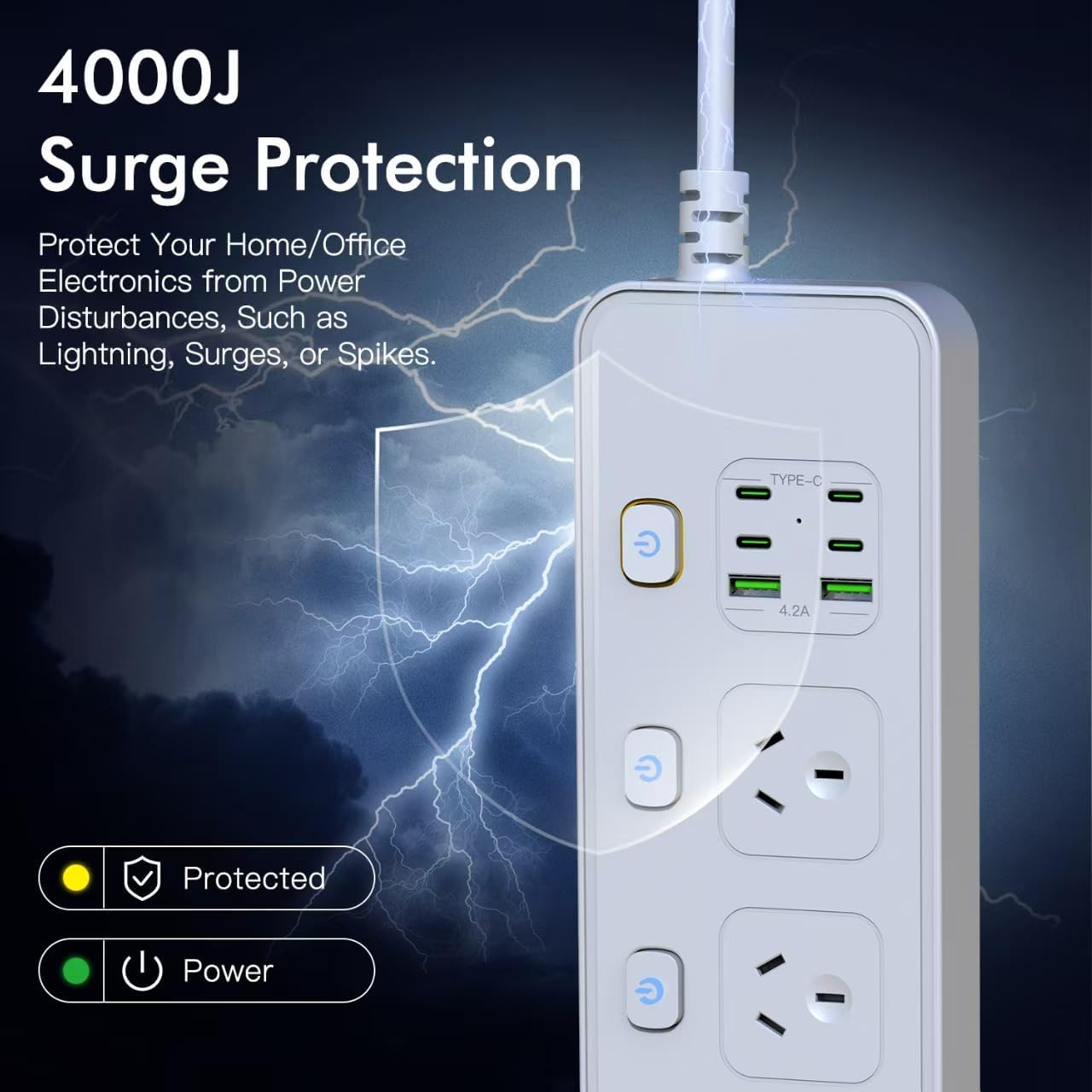 Power Board Individual Switch,11-In-1 Power Strip with 5 AC Outlets, Surge Protector Powerboard with 6 USB Ports(4 USB C Outlets), 1.8M Extension Cord Power Strip,Wall Mount for Home Office White image number 4