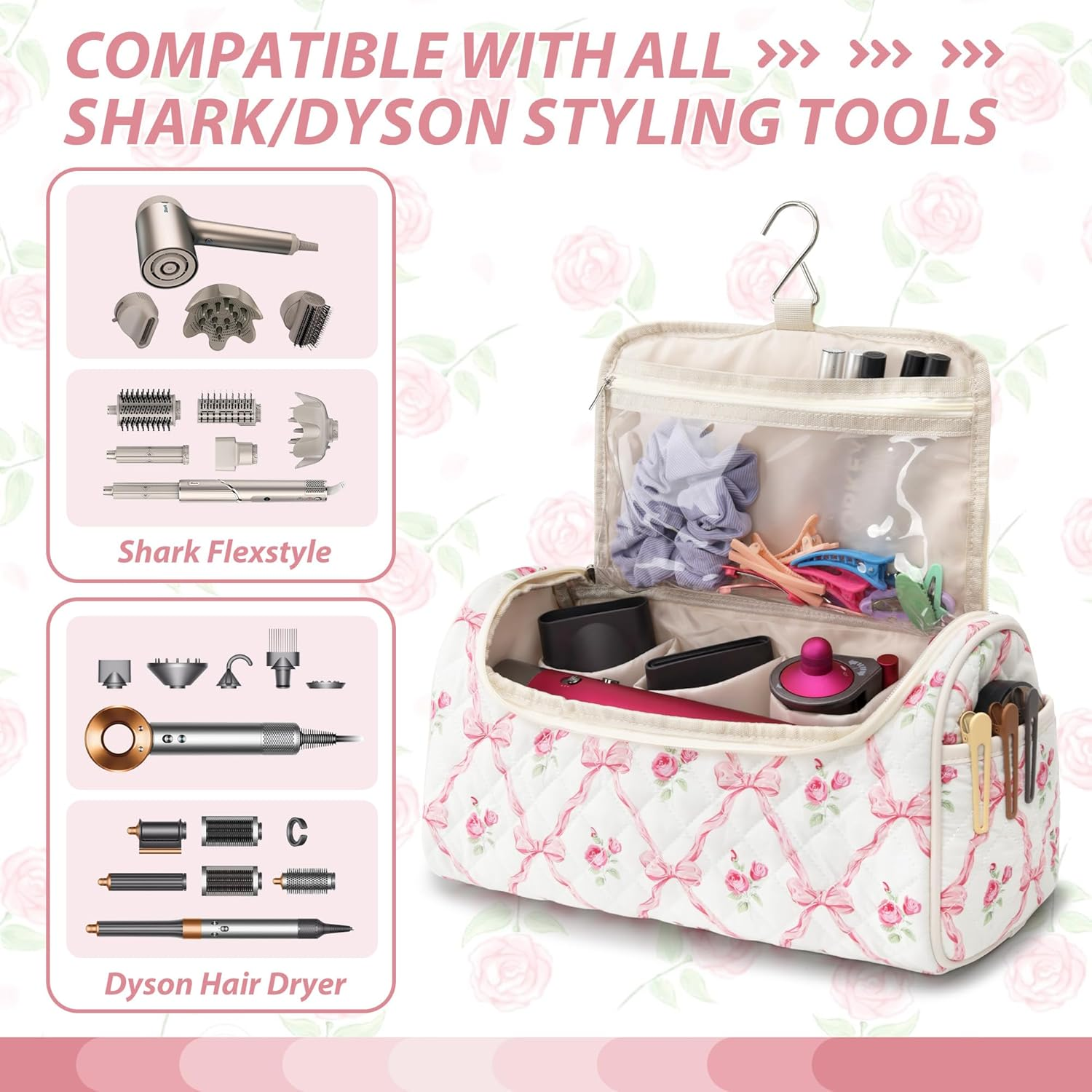 Linpr Travel Case Compatible with Dyson Airwrap & Shark Flex Style, Quilted Travel Hair Dryer Bag with Hook, Portable Hair Tool Organizer for Curling Iron & Accessories, Rose Pink, Modern