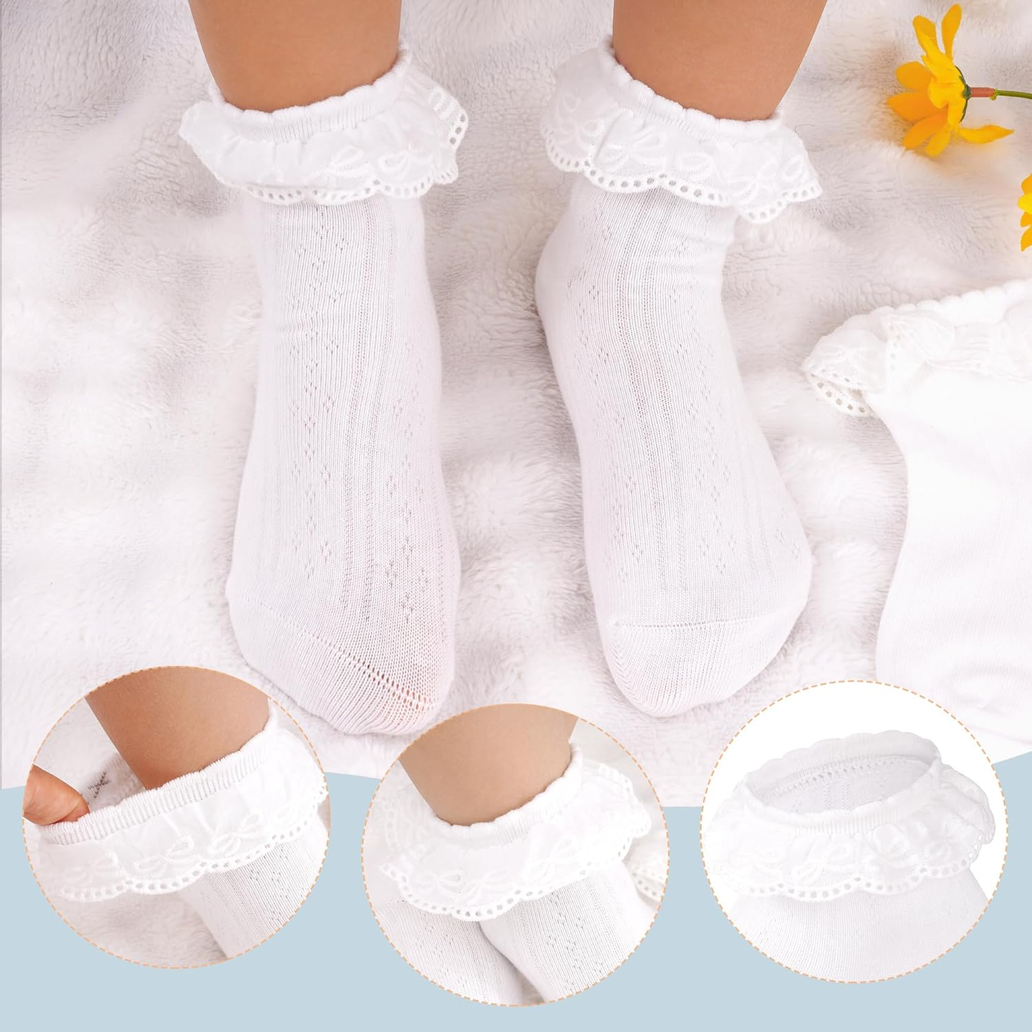3 Pairs Girls White Ruffle Socks Ruffled Lace Socks for Girls Toddler Cute Cotton Dress Ankle Socks image number 5