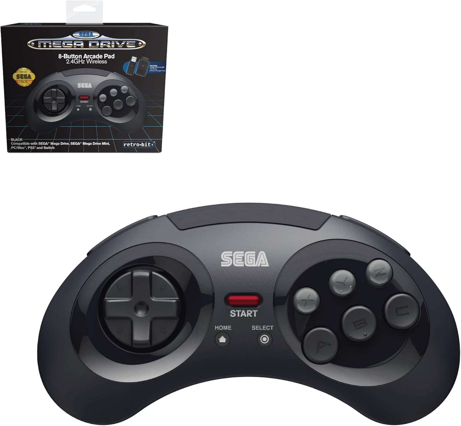 Retro-Bit Official SEGA Mega Drive 8-Button 2.4Ghz Wireless Arcade Pad for MEGA DRIVE MINI CONSOLE, Sega Mega Drive Console, PC, Switch, Macos, Playstation 3, Steam, Retropie, Raspberry Pi (Black) image number 2