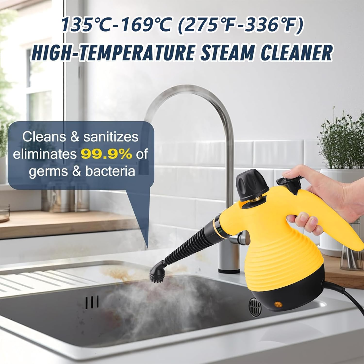 Handheld Steam Cleaner, Steamer for Cleaning, Multipurpose Portable Steam Cleaners for Home Use with Safety Lock and 9 Accessory Kit to Remove Grime, Grease, and More, save Time and Effort (Yellow) image number 2