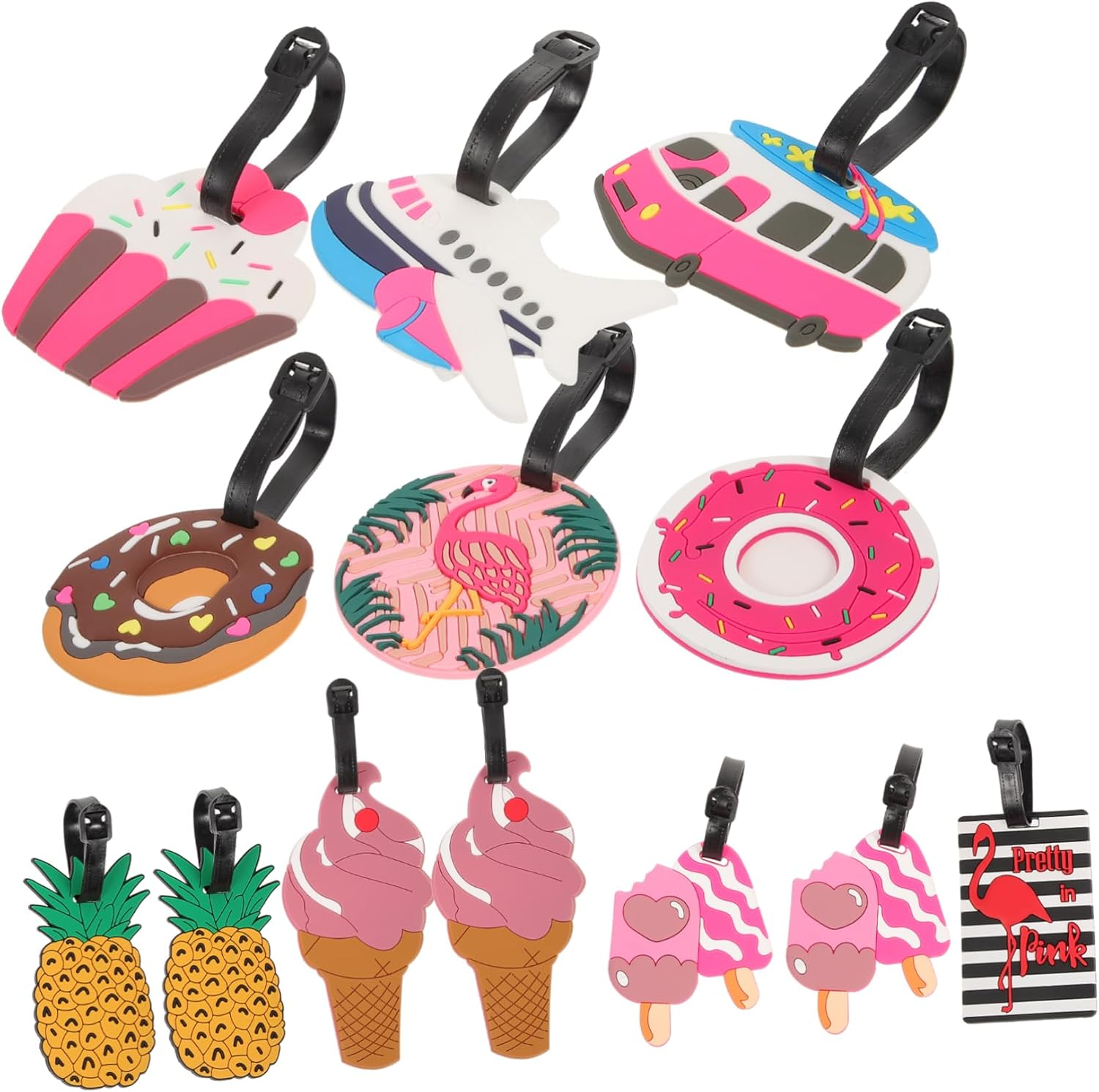 VALICLUD 10Pcs Cute Cartoon Luggage Tags Set Flamingo Ice Cream Soft PVC Travel Tags for Suitcases for Boys and Girls Adults Fun Identification Labels for Airport Travel image number 2