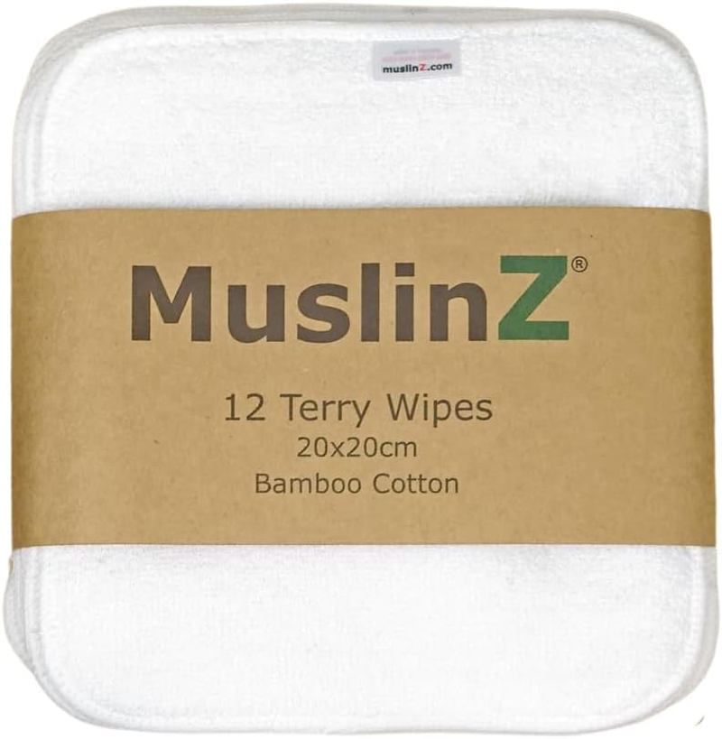 Muslinz 12PK Reusable Bamboo Cotton Terry Wipes 20X20 Cms Face Cloth Baby Wipes (White)